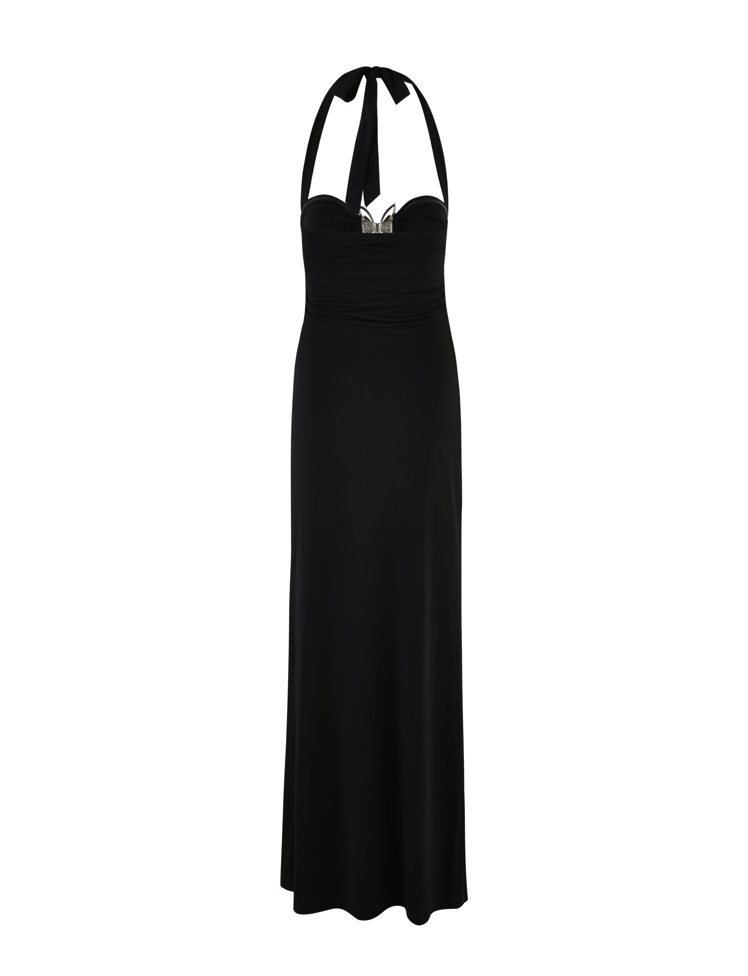 The CORALINE DRESS - BLACK from TIGERMIST is displayed on a white background. This long, black halter-neck dress features a fitted bodice with a sweetheart neckline and a gathered waist, creating a sleek and elegant silhouette. The fabric appears smooth and slightly stretchy.