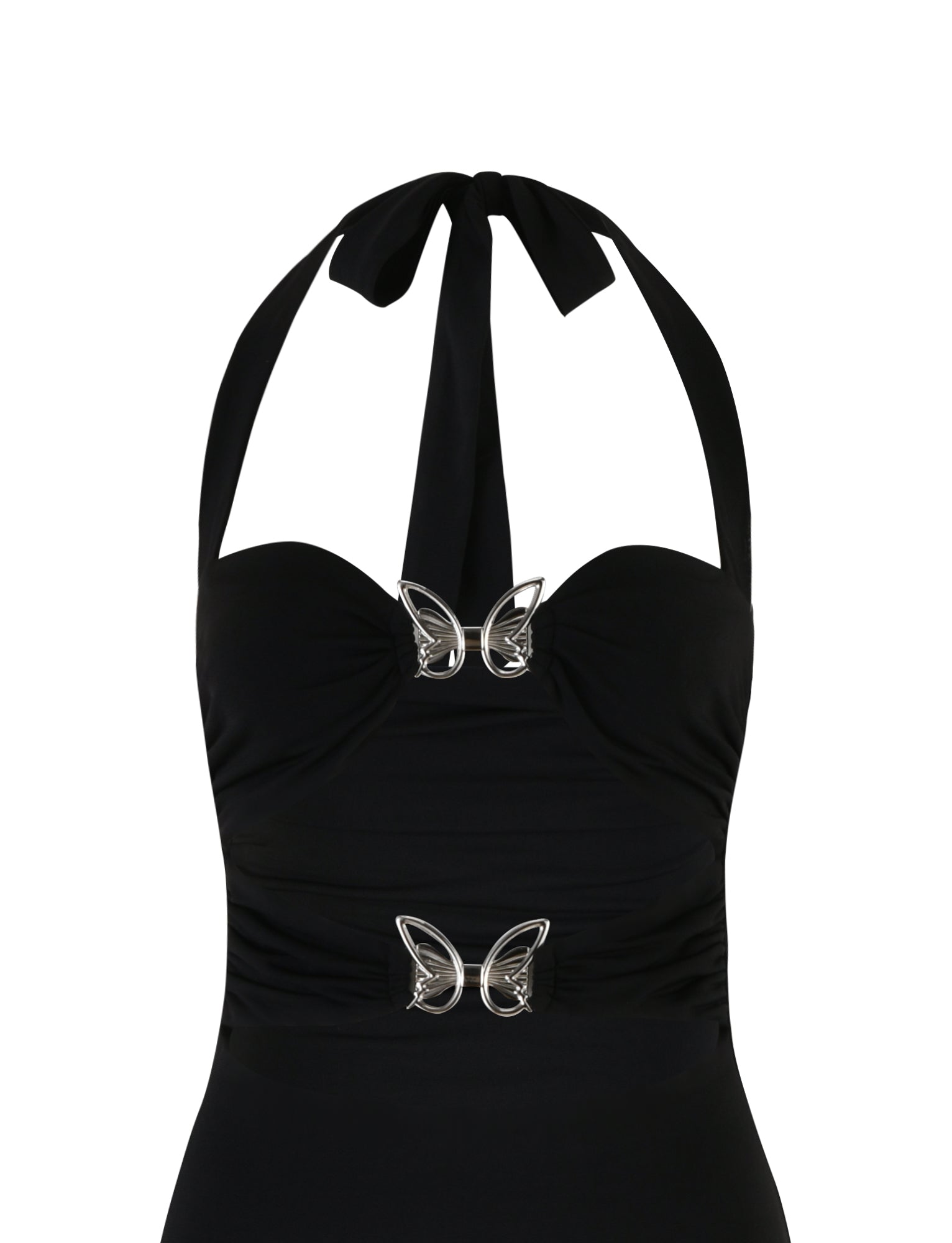 A CORALINE DRESS - BLACK from TIGERMIST featuring a halter neck and sweetheart neckline, adorned with two silver butterfly-shaped embellishments at the center front.