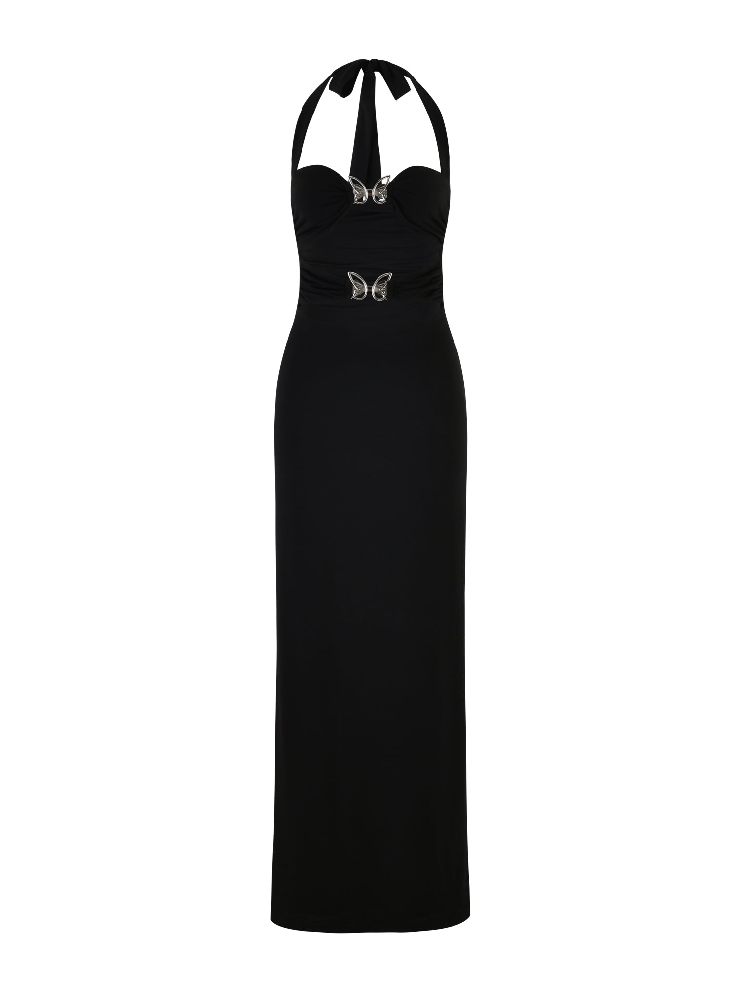 The CORALINE DRESS - BLACK by TIGERMIST is a long, elegant dress featuring a halter neckline and a form-fitting silhouette. It is adorned with two silver butterfly embellishments at the waist and chest, adding a touch of sparkle to its sleek design.