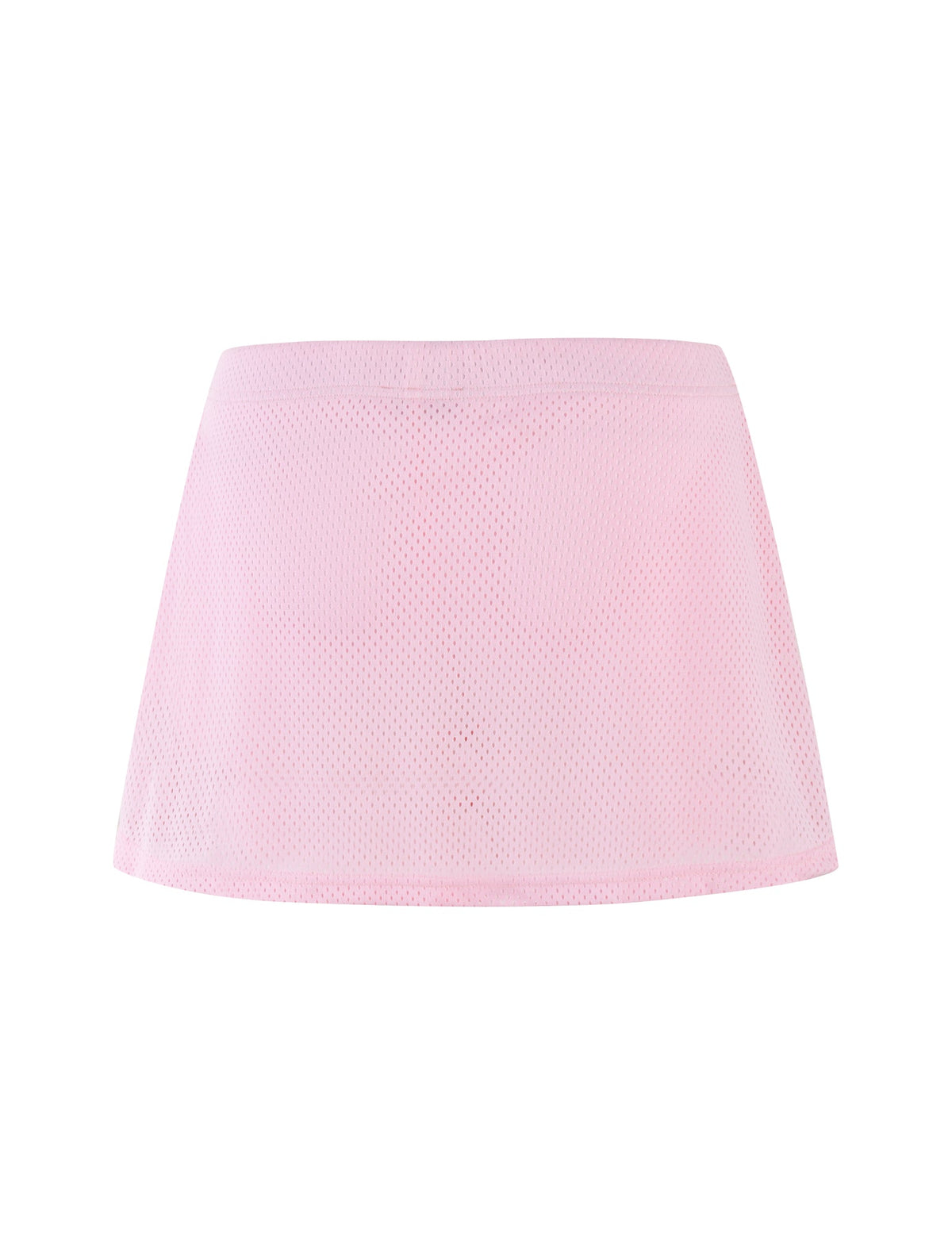 The NYDIA SKORT from TIGERMIST in blush, dusty pink is presented against a white background. This short mesh skort features a simple design with an elastic waistband. The semi-transparent, lightweight fabric creates a slightly see-through effect.