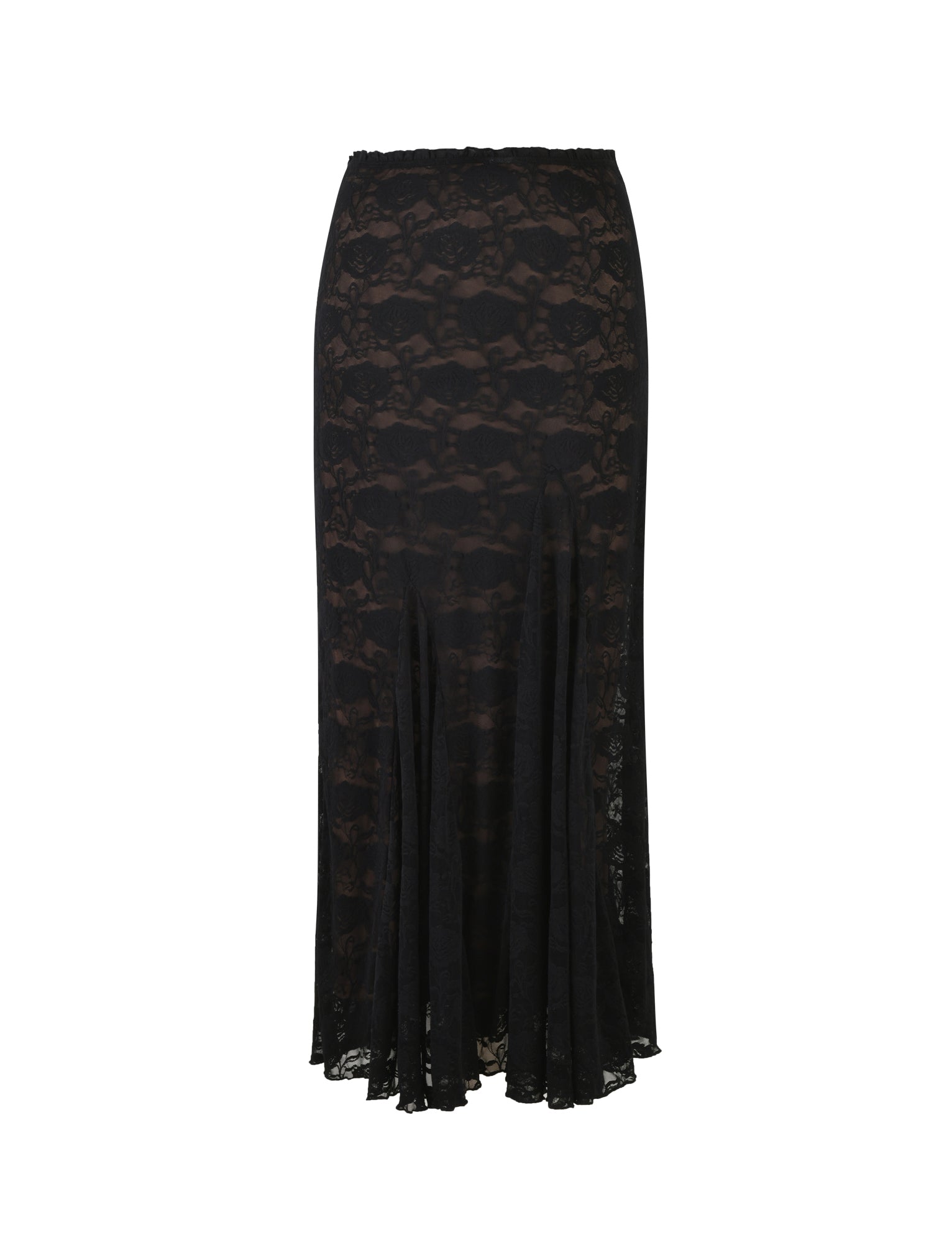 The ISADORA SKIRT - BLACK : LACE from TIGERMIST is a long black lace skirt with a fitted waist and a slight flare toward the hem. The fabric showcases an intricate floral lace pattern, and the hemline falls just above the ankles. This skirt exudes a delicate, elegant appearance.