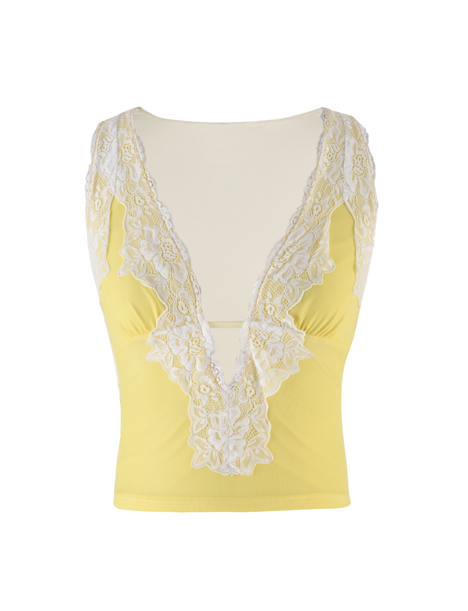 Introducing the EMBERLY TOP - YELLOW : LEMON by TIGERMIST, a sleeveless top in a vibrant light yellow hue. This form-fitting piece features a deep V-neckline adorned with intricate white lace detailing. The lace gracefully extends over the shoulders and forms a decorative edge around the neckline, adding to its delicate and elegant design. Made from a smooth fabric, this top combines style and comfort effortlessly.