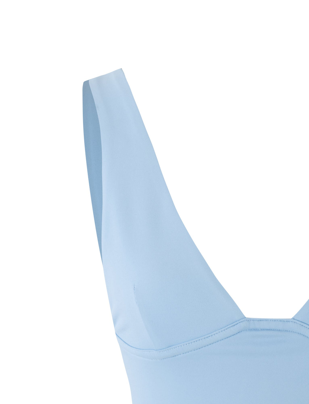 Zoomed-in view of the baby blue LUNARIA TOP by TIGERMIST. The image highlights the sleeveless top's V-shaped neckline and smooth fabric texture, with a white background that accentuates the stylish design and soft blue hue of this elegant clothing item.