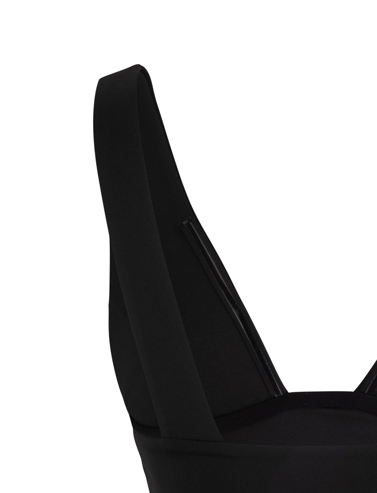 Close-up of the black LUNARIA TOP from TIGERMIST, featuring wide straps and a simple, elegant design. The image focuses on the upper portion of the top, showcasing the smooth fabric and the structure of the straps.
