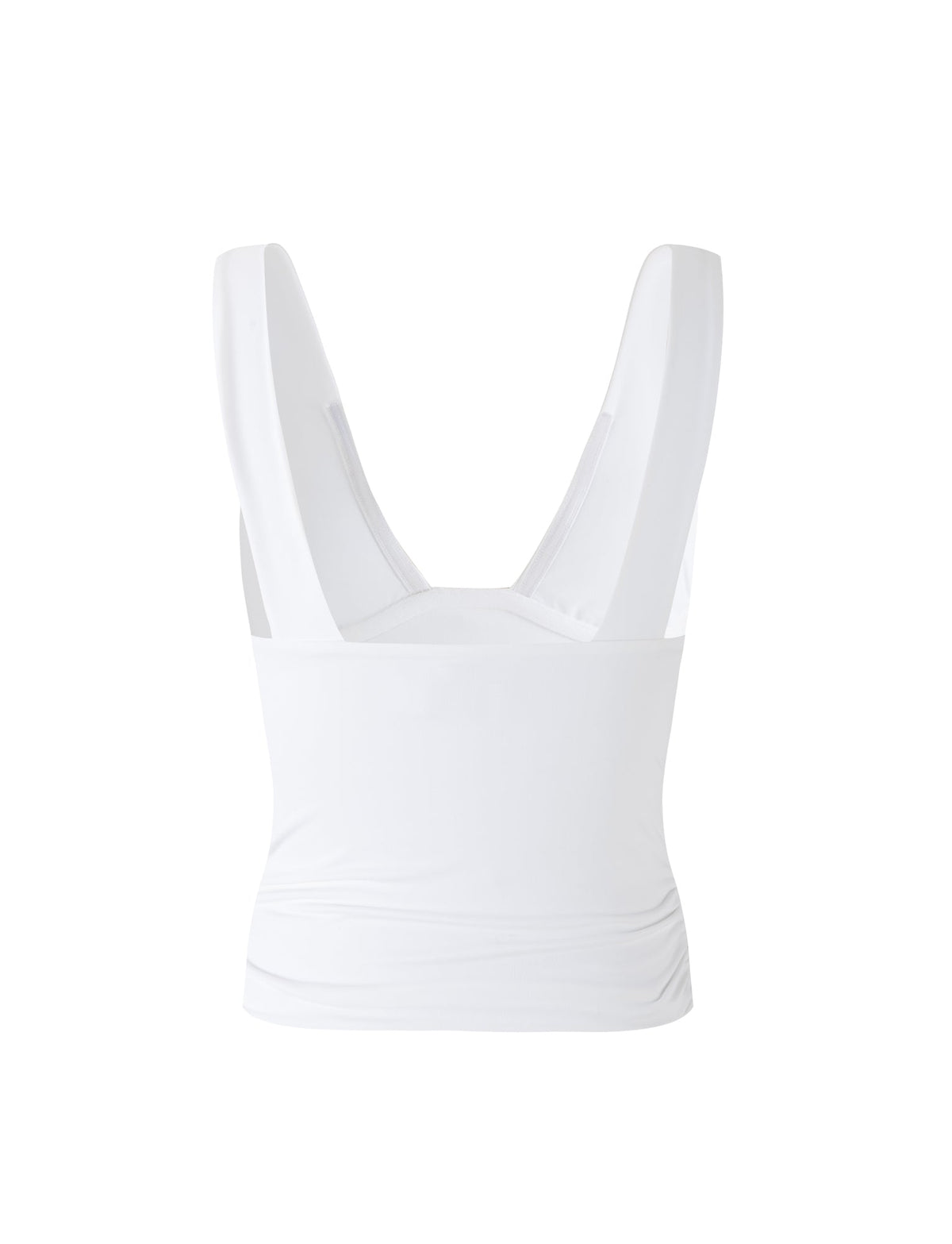 The image features the LUNARIA TOP - WHITE from TIGERMIST, which is a white sleeveless crop top with a deep V-neck back design. The fabric looks smooth and stretchy, providing a fitted silhouette. The back hemline is straight, and there are no visible patterns or logos on the top.