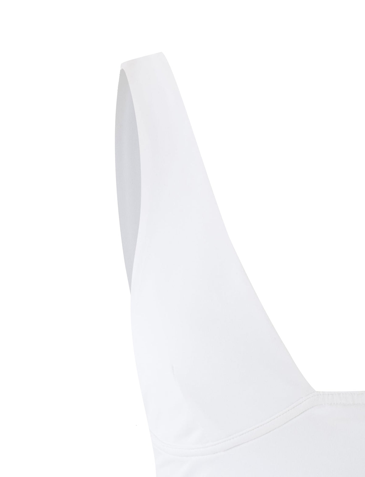 Close-up image of the LUNARIA TOP - WHITE from TIGERMIST, featuring a minimalist design with wide shoulder straps. The fabric appears smooth and slightly reflective. The background is stark white, blending seamlessly with the top.