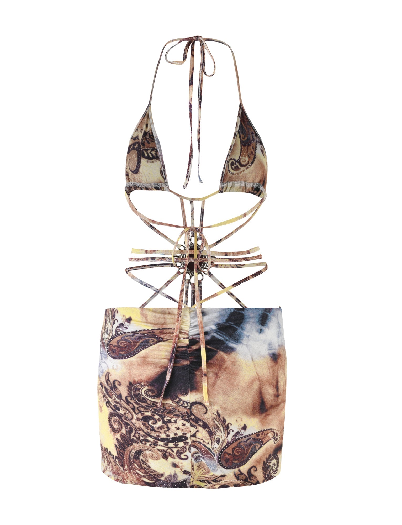 The MARCEL DRESS from TIGERMIST is a sleeveless, backless piece with a halter neck and intricate string detailing. This fitted skirt features an eye-catching multi-pattern design, incorporating abstract and paisley tie-dye motifs in earthy tones of brown, beige, and cream. The skirt falls to mid-thigh length.