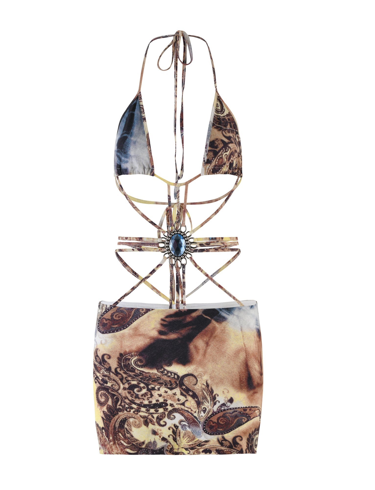 A trendy Tigermist two-piece set from the MARCEL DRESS collection, featuring a halter neck bikini top with intricate straps and a gemstone detail at the center. The set includes a matching high-waisted skirt adorned with an abstract, paisley tie-dye print in earthy tones of brown, beige, and black.