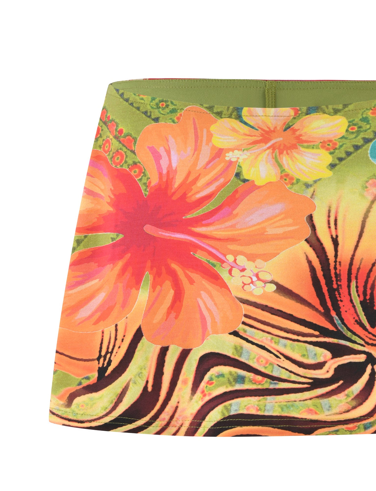 A vibrant, tropical-themed Tigermist Quinley Skort - Multi: Floral: Tropical Floral featuring a bright orange and pink hibiscus flower. The background includes various shades of green, yellow, and orange, with abstract patterns and additional smaller flowers, creating a lively, summery aesthetic.