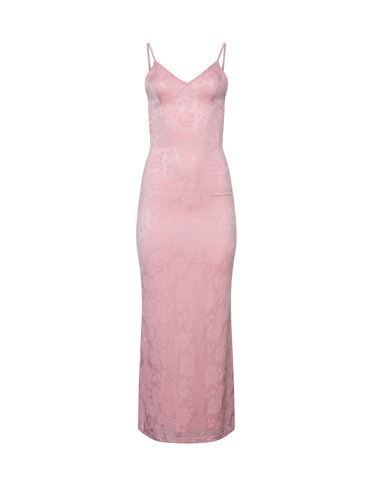 Introducing the ERICKA DRESS - PINK by TIGERMIST: a sleek satin slip dress featuring thin spaghetti straps. This elegant piece showcases a subtle floral lace pattern and boasts a shiny, smooth finish to its fitted, floor-length silhouette. Displayed on a plain white background, this gorgeous dress is perfect for any special occasion.