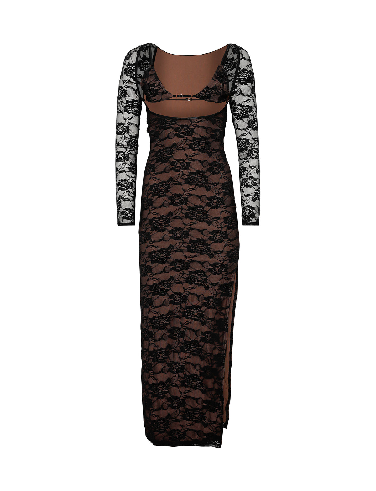 The CHRISTY LACE L/S MAXI DRESS - BLACK by TIGERMIST is a long-sleeved, floor-length dress made of black lace with a sheer bodice and lining. Featuring a cutout design at the waist and a high slit on one side, it creates an elegant and sophisticated look.