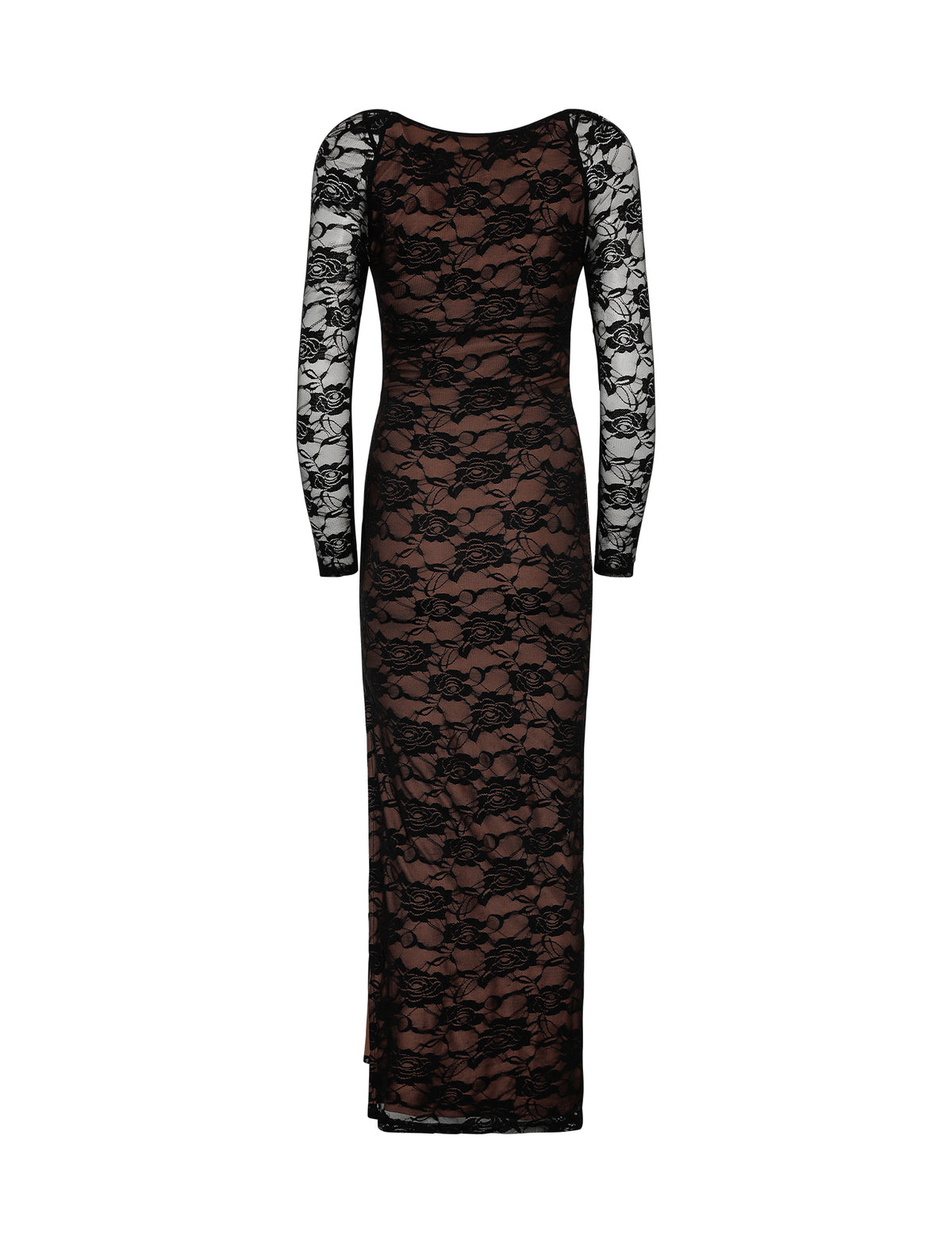 The CHRISTY LACE L/S MAXI DRESS - BLACK by TIGERMIST is a long-sleeved, floor-length gown featuring a black lace overlay with an intricate floral design over a tan underlayer. The dress has a form-fitting silhouette and a round neckline, providing an elegant and sophisticated look.