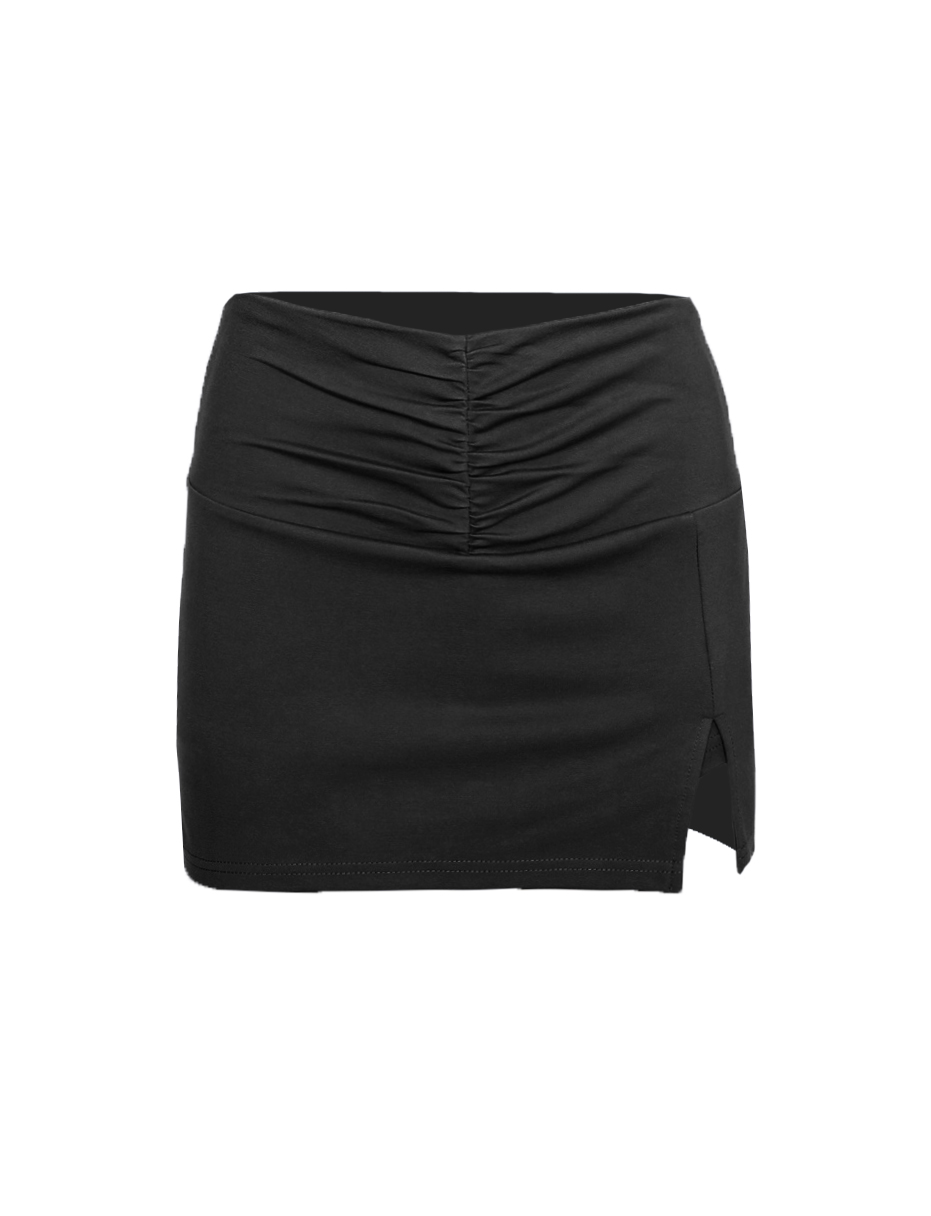 The TIGERMIST HAVANA SKORT - BLACK is a slim-fit mini skort with front waist ruching and a small side split near the hem.