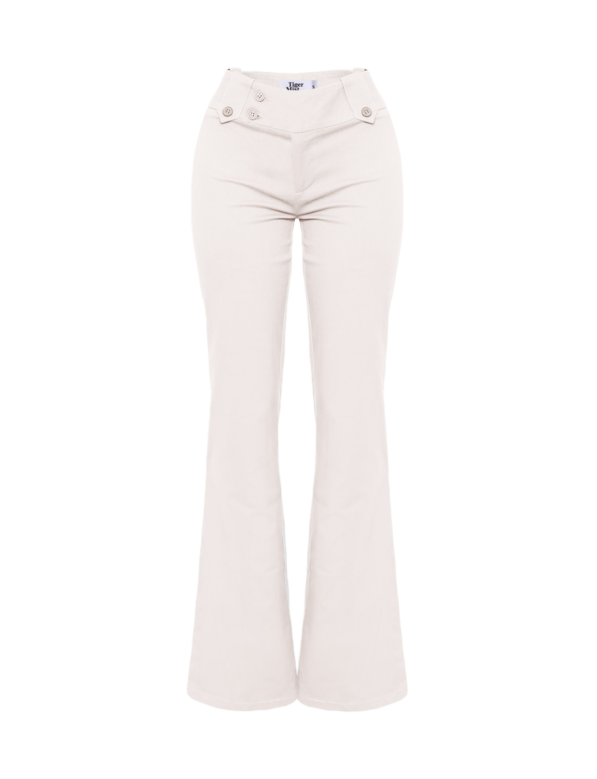 The TIGERMIST KITTIE TWILL PANT in white features a high-waisted fit, flared leg, and front button details at the waist, shown from the front against a white background.