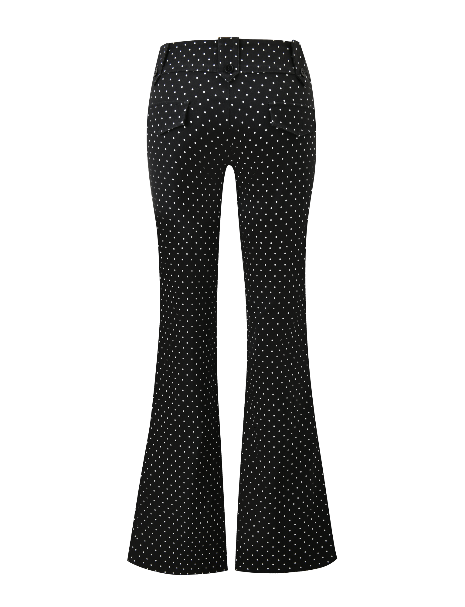 The TIGERMIST KITTIE PANT - BLACK DOT features a fitted waist, flared silhouette, two back pockets, and classic white polka dots on stretch suiting fabric for comfort.