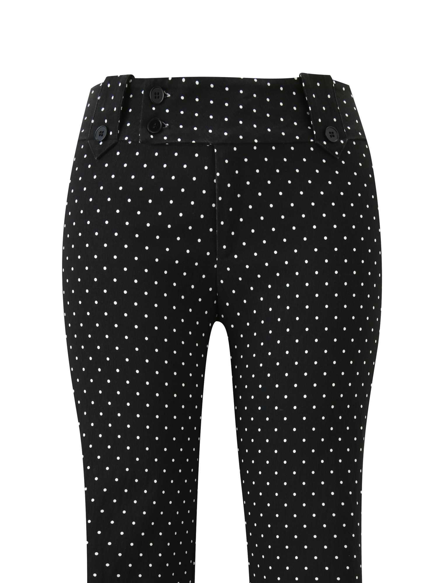 The KITTIE PANT - BLACK DOT by TIGERMIST showcases black polka dot stretch suiting fabric with a high waist, wide waistband, and chic black button accents on the front.