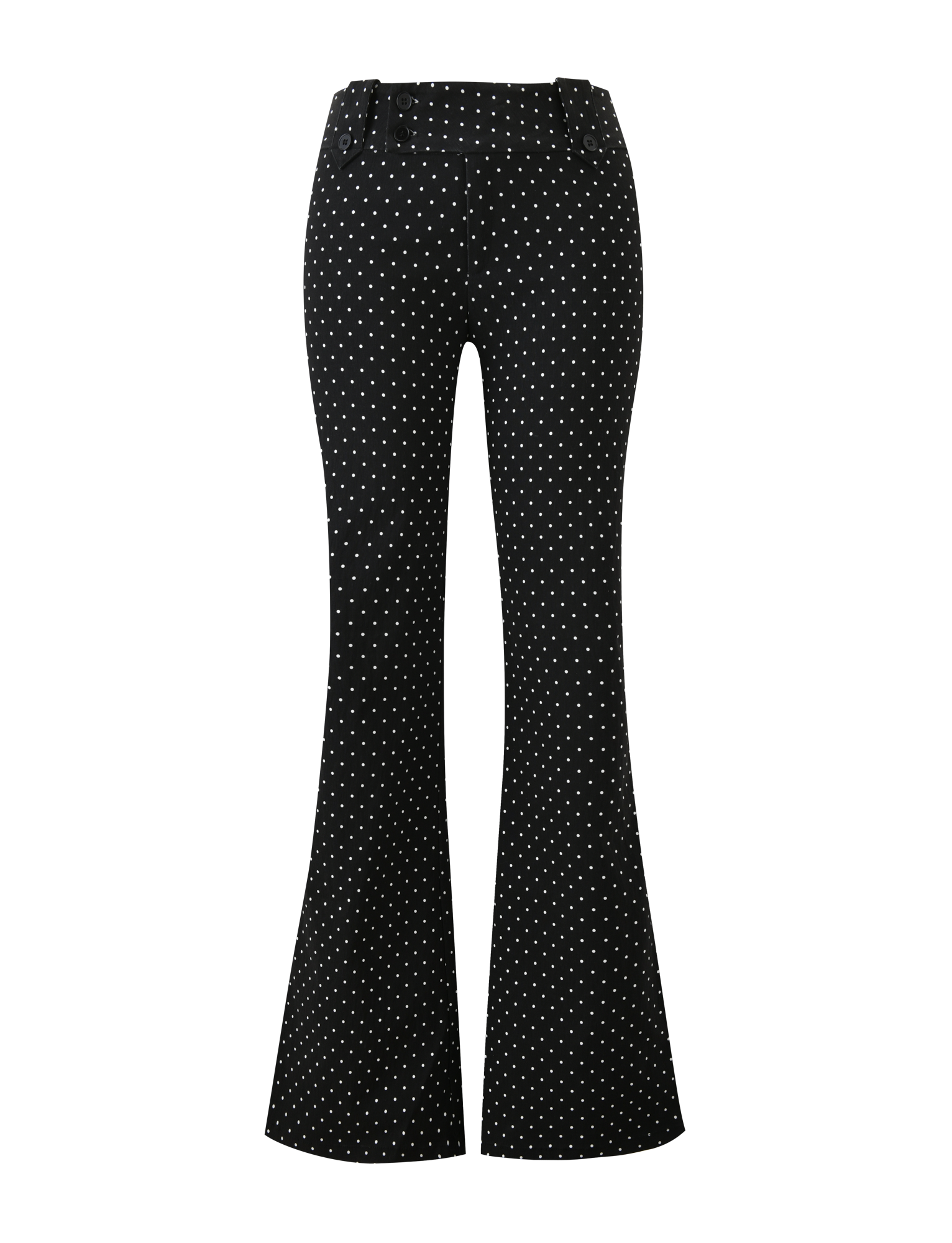 The TIGERMIST KITTIE PANT - BLACK DOT features high-waisted, flared black pants with polka dots, made from stretch suiting fabric and showcased on a plain white background.