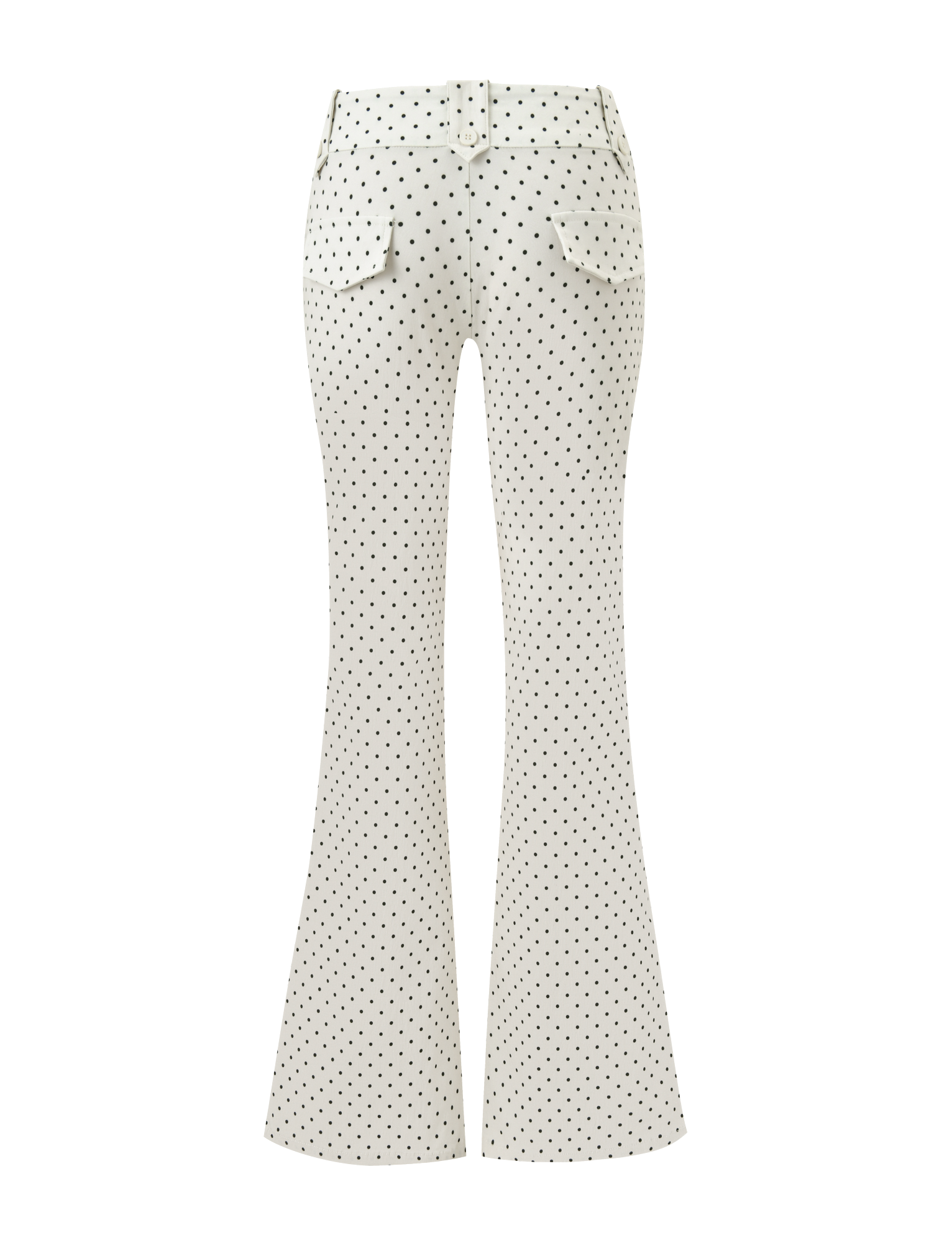 The TIGERMIST KITTIE PANT - CREAM DOT are cream high-waisted flared pants with black dots, crafted from stretch suiting fabric. They feature belt loops and two back flap pockets for a classic look.