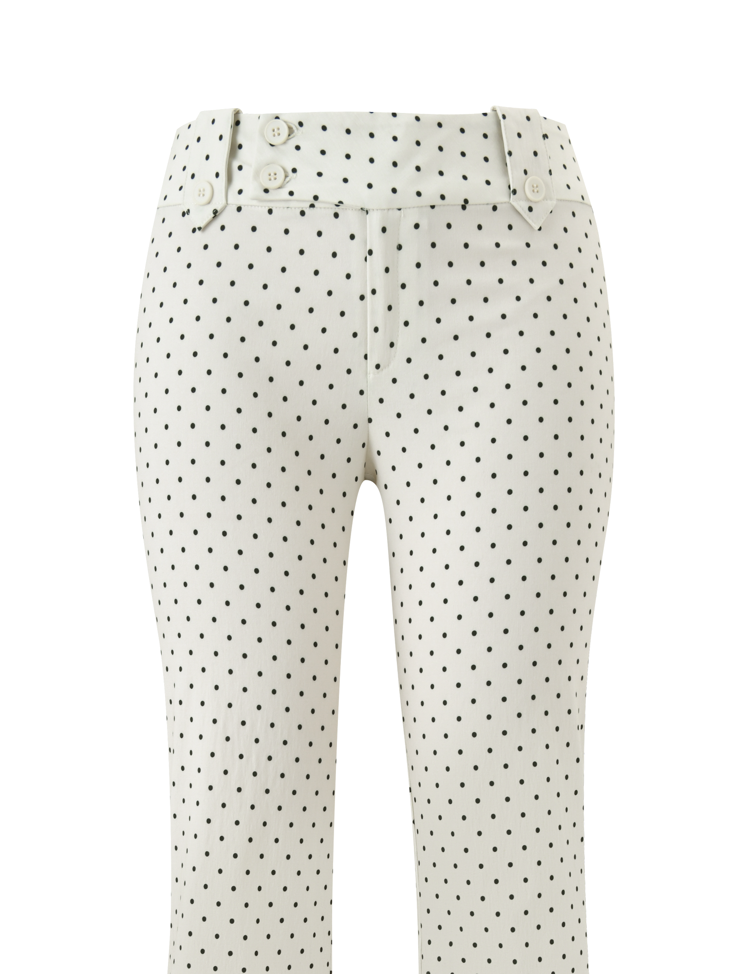 The KITTIE PANT - CREAM DOT by TIGERMIST features cream polka dots, a high waist, belt loops, wide crossover waistband, stretch suiting fabric, side pockets, double front buttons, and visible front seams. Photographed on a white background.