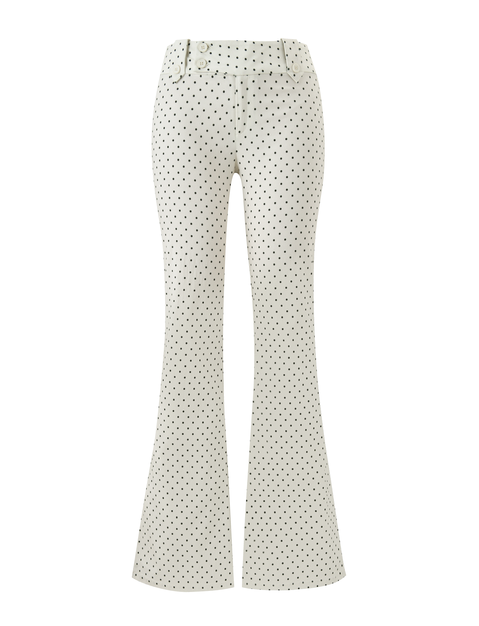 The KITTIE PANT - CREAM DOT by TIGERMIST features a high-waisted fit, front buttons, and belt loops. Made from comfortable stretch suiting fabric with small black dots on cream. Displayed on a white background.