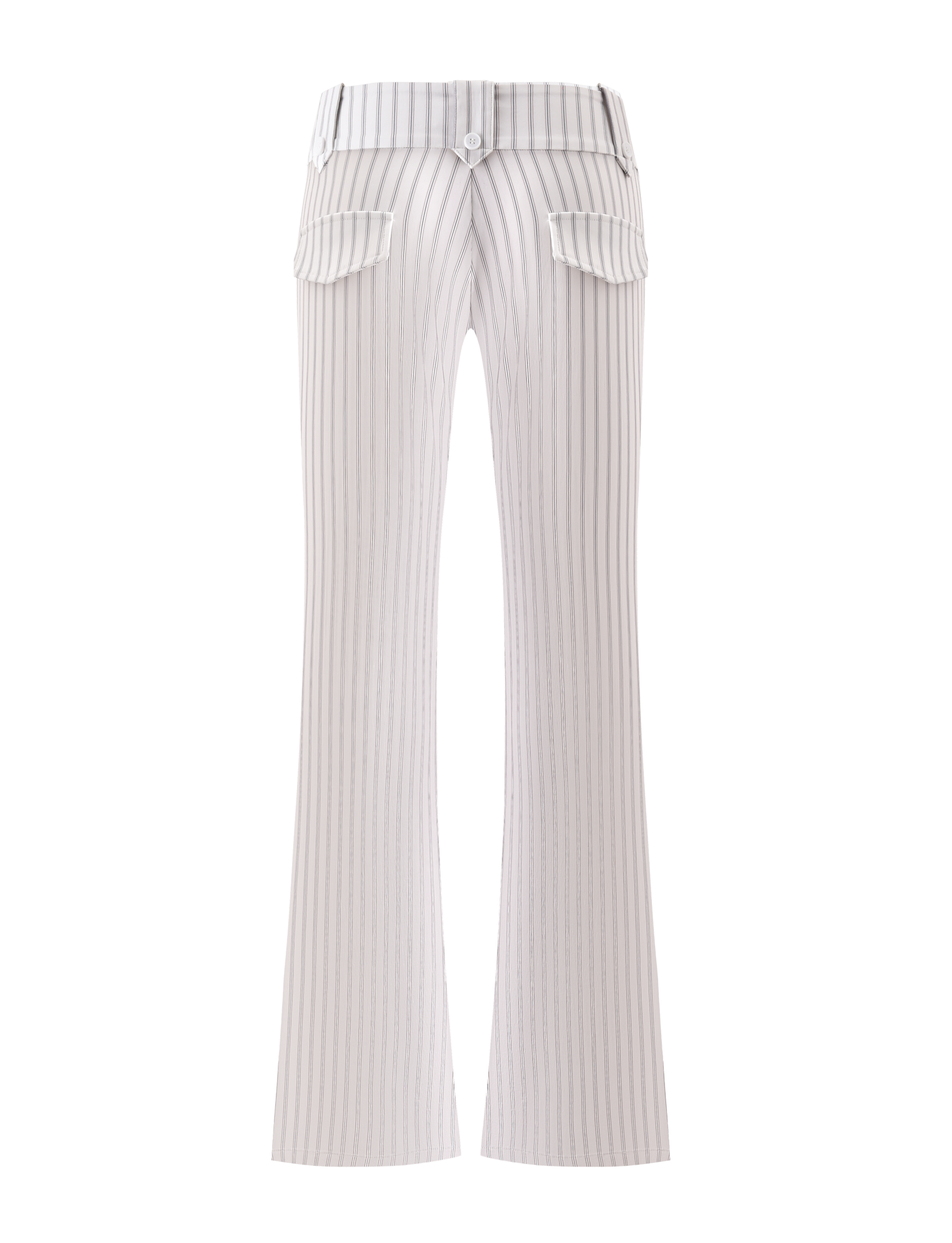 The KITTIE PANT - IVORY STRIPE by TIGERMIST features stretch suiting fabric, a high waist, vertical pinstripes, flared legs, and two back flap pockets, shown against a plain white background.