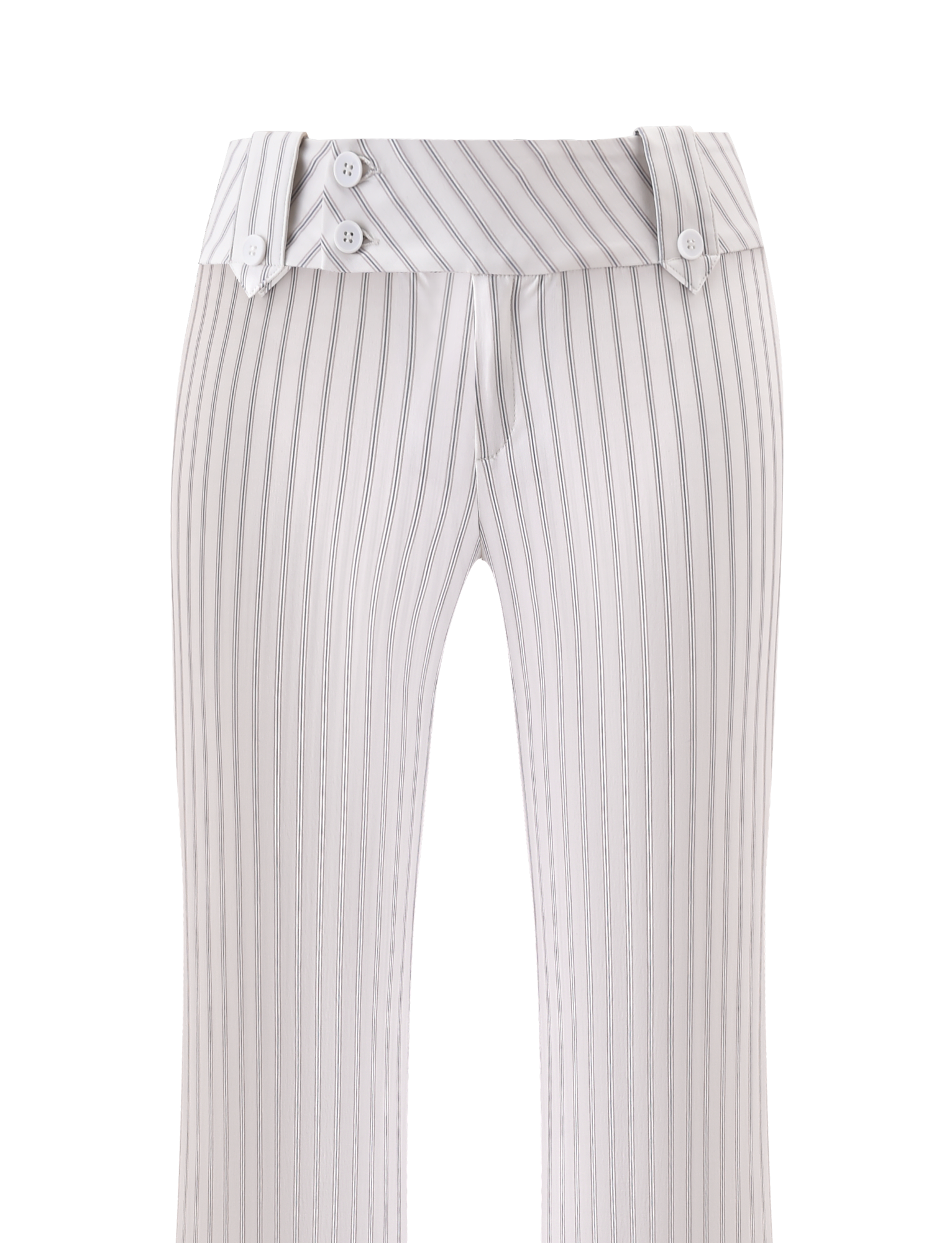 TIGERMIST KITTIE PANT - IVORY STRIPE features gray vertical pinstripes, a unique asymmetric double waistband with buttons and belt loops, and is crafted from stretch suiting fabric. Shown against a plain white background.