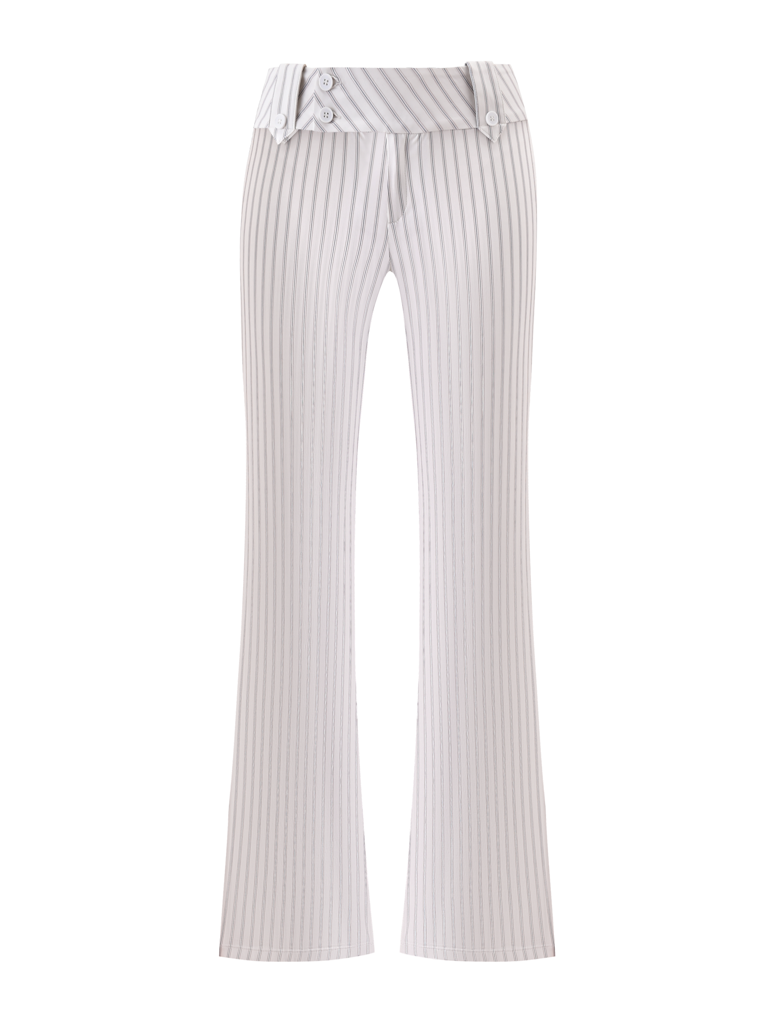 The TIGERMIST KITTIE PANT - IVORY STRIPE is a high-waisted, flared pant in white with gray pinstripes, buttoned waistband, tailored fit, and stretch suiting fabric, shown on a plain white background.