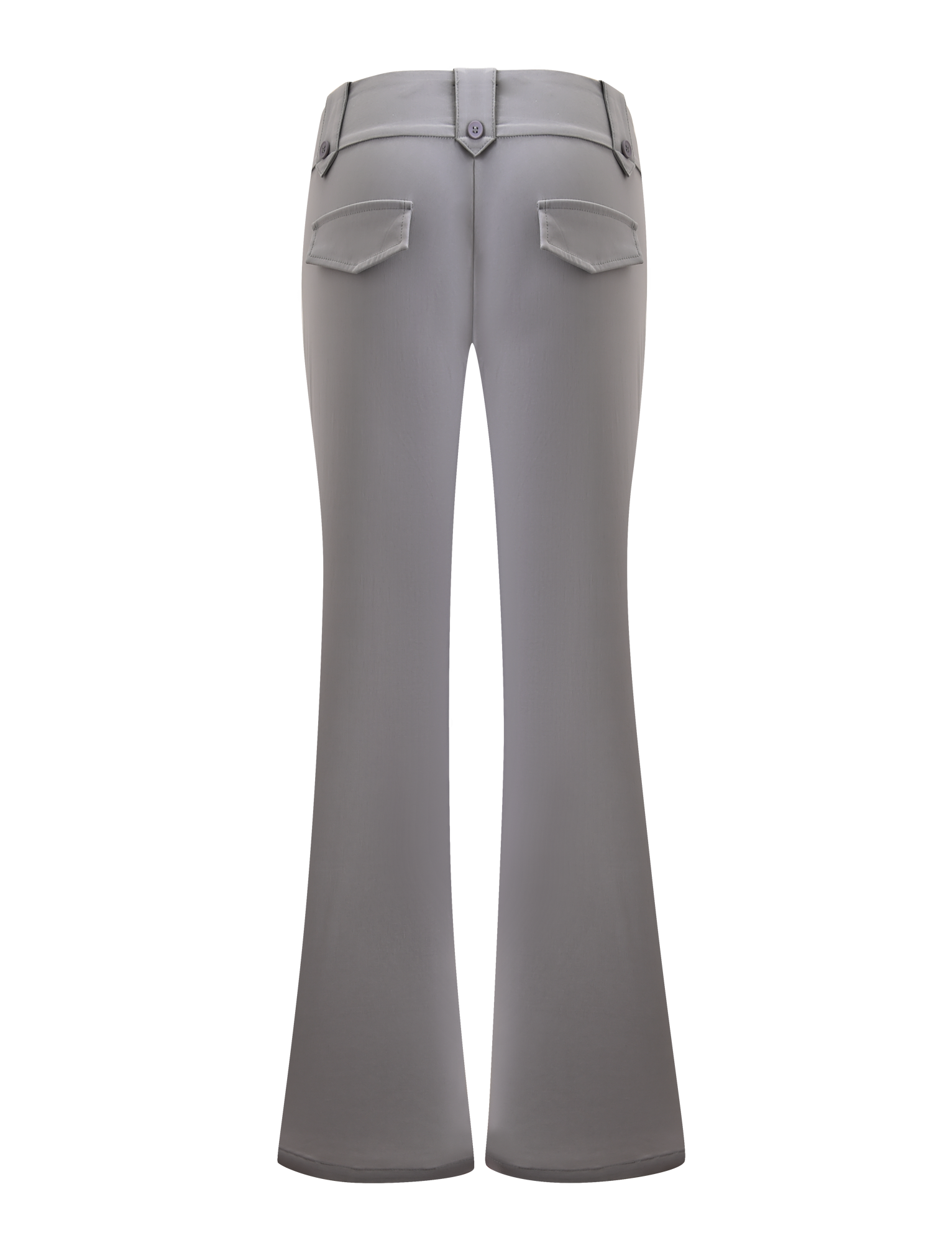 Back view of the TIGERMIST KITTIE PANT - FROST GREY, made from stretch suiting fabric with two buttoned flap pockets and waist belt loops, shown against a plain white background.