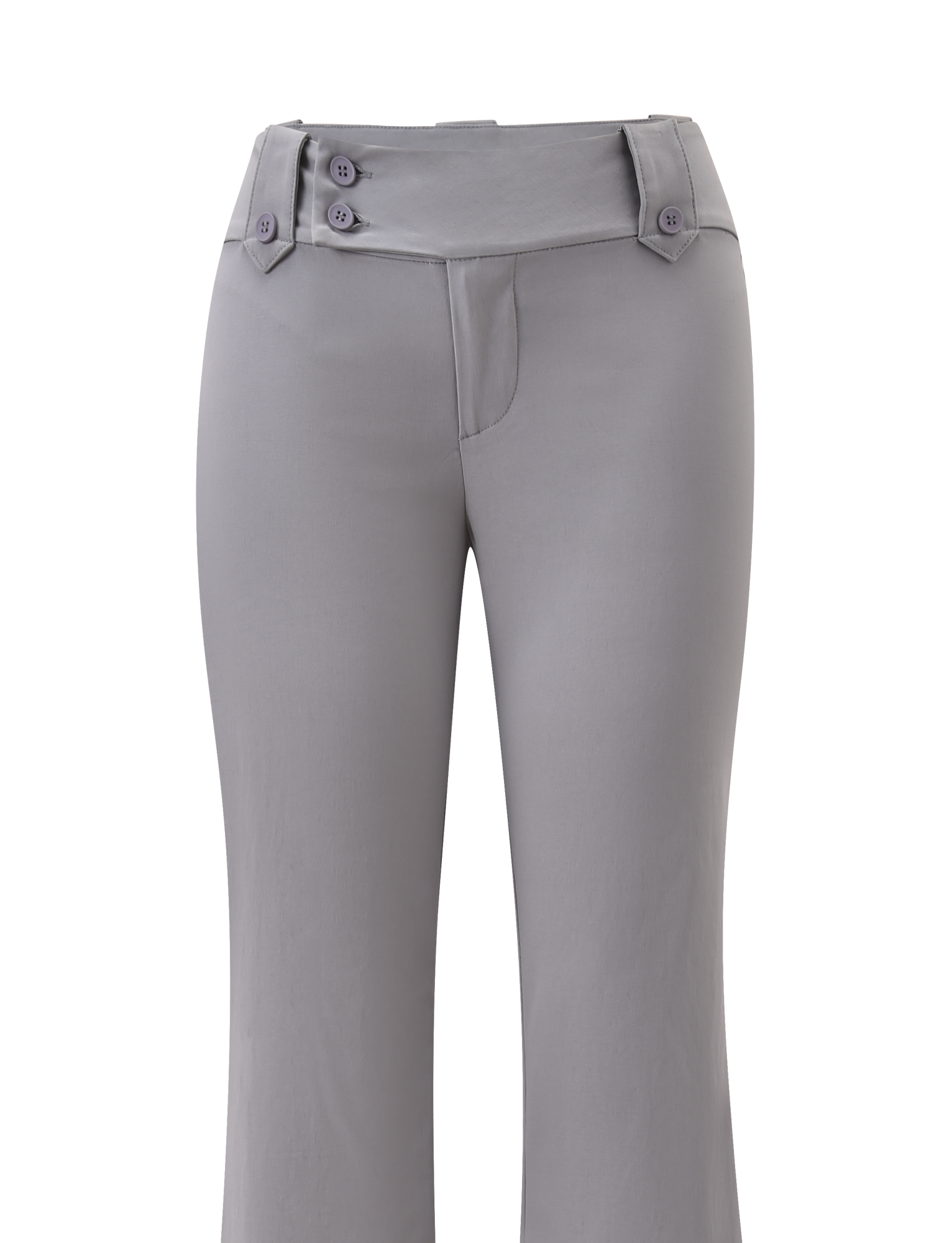 The TIGERMIST KITTIE PANT - FROST GREY is a women's high-waisted, frost grey pant with decorative waistband buttons and a slight flare, made from stretch suiting fabric and shown on a white background.