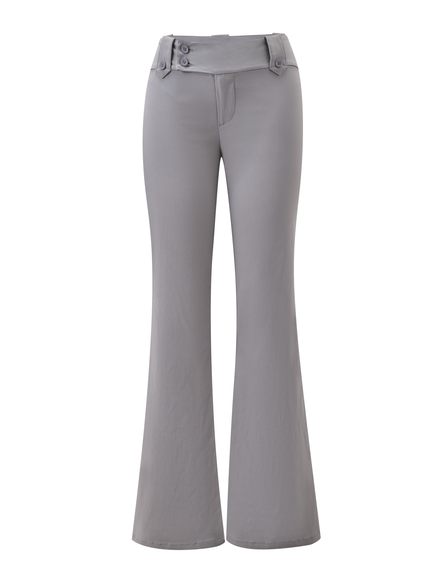 The KITTIE PANT - FROST GREY by TIGERMIST features a high waist, wide waistband, two-button detail, and front zipper, crafted from stretch suiting fabric. Displayed against a plain white background.