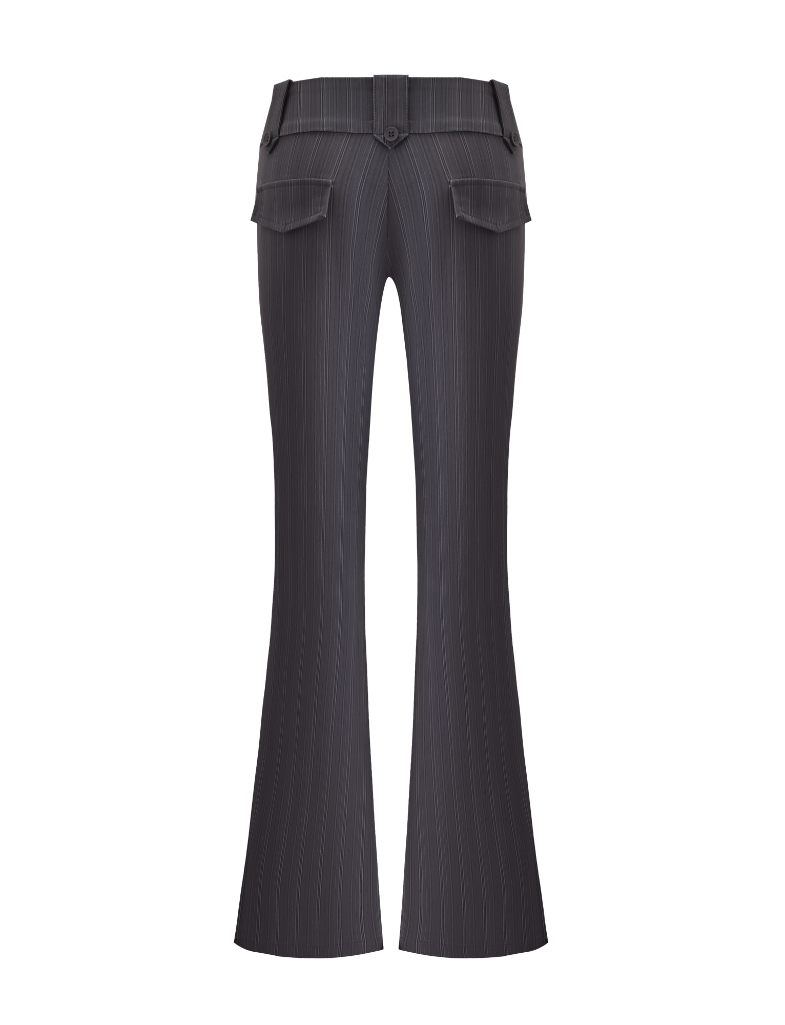 Back view of the TIGERMIST KITTIE PANT - GREY STRIPE, showcasing flared legs, flap pockets, and button accents on stretch suiting fabric, displayed against a white background.