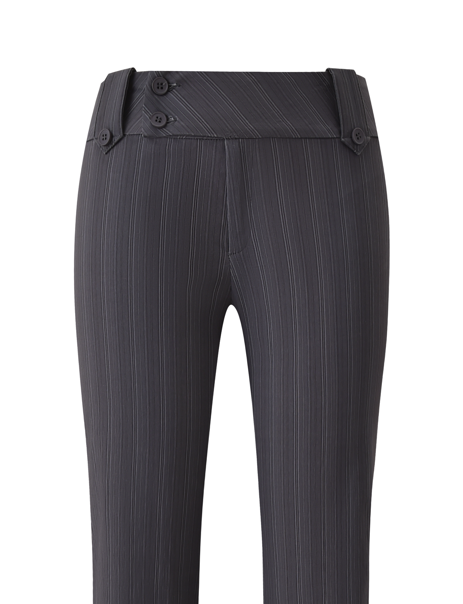 The KITTIE PANT - GREY STRIPE by TIGERMIST features stretch suiting fabric, a dark gray stripe design, wide asymmetrical waistband with triple side buttons, and a sleek tailored fit without visible pockets.