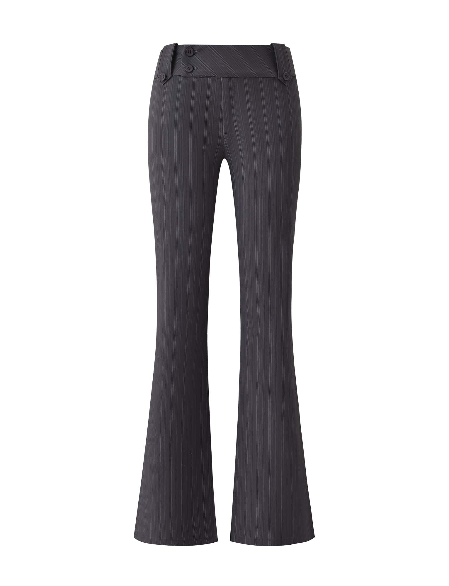 The KITTIE PANT - GREY STRIPE by TIGERMIST features a high-waisted fit, button details at the waistband, stretch suiting fabric, and a flattering pinstriped flare silhouette. Shown on a white background.
