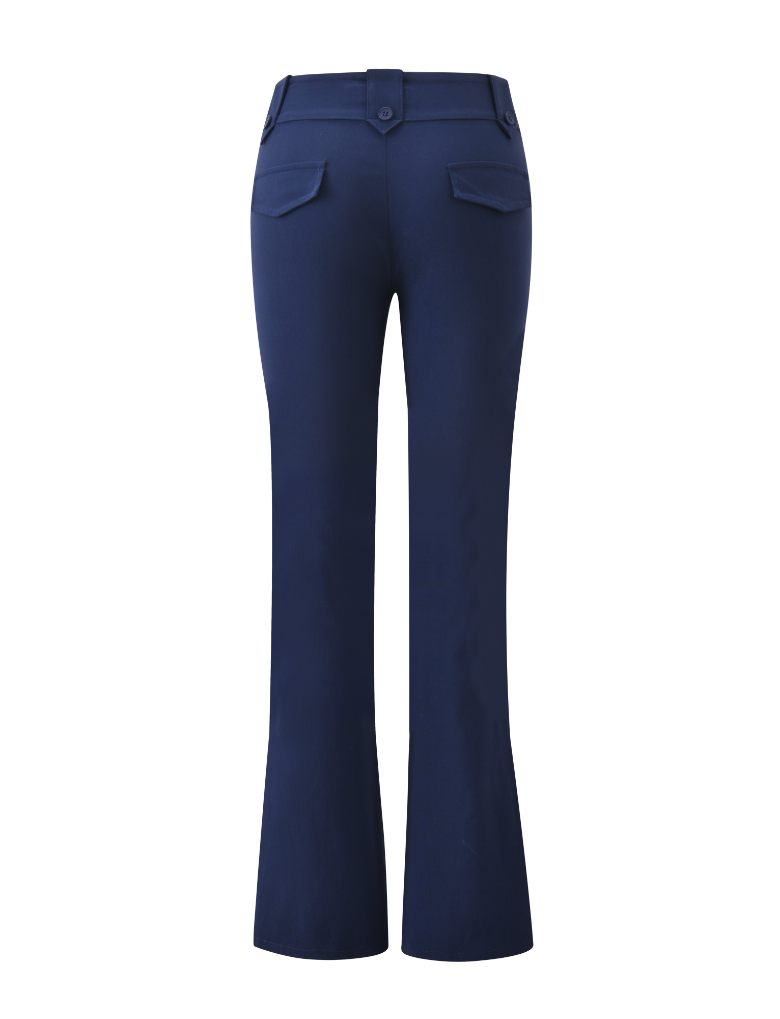 Back view of the TIGERMIST KITTIE PANT - NAVY, a high-waisted, flared style with belt loops and two buttoned flap pockets. Made from stretch suiting fabric and shown against a plain white background.