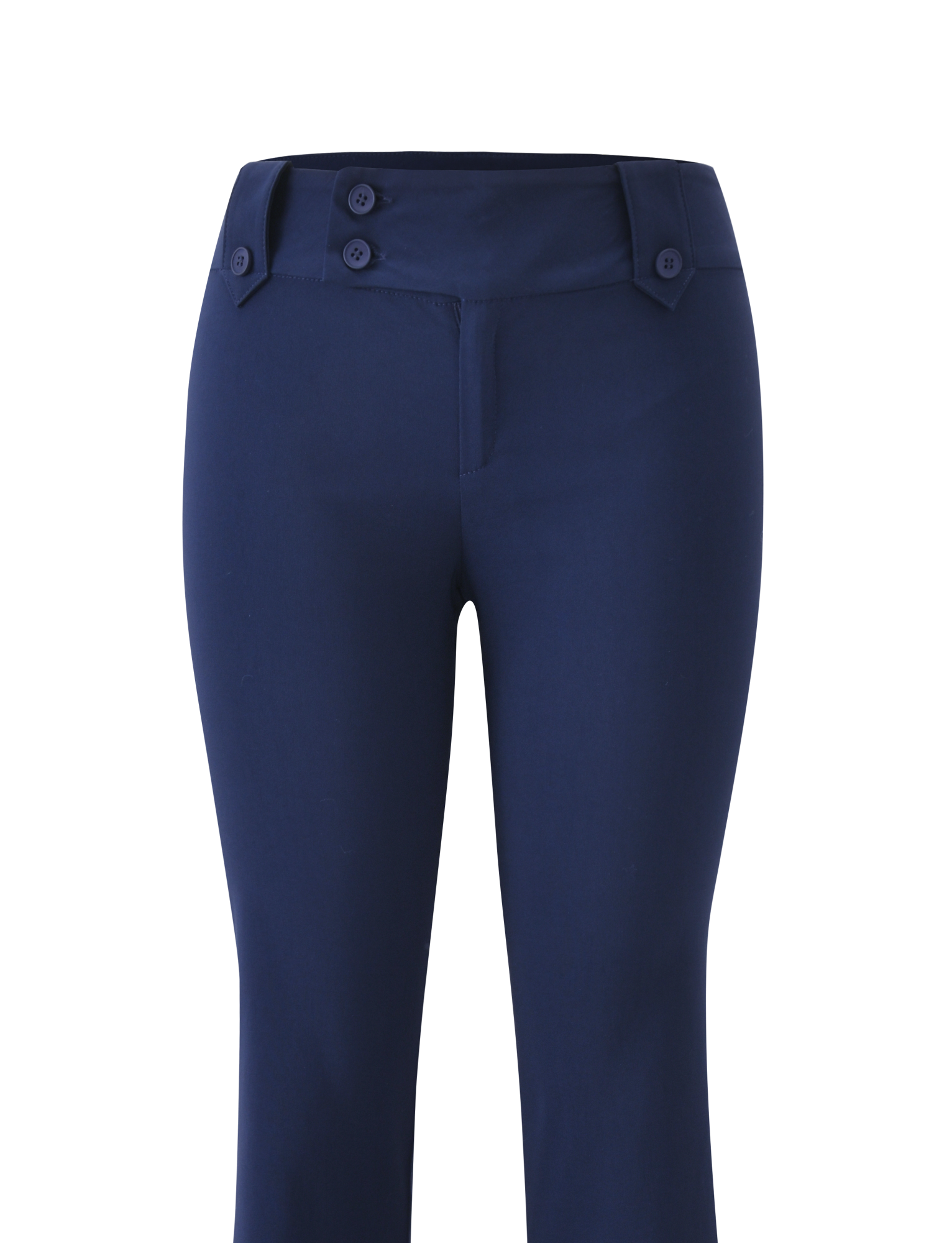 The KITTIE PANT - NAVY by TIGERMIST is a women's pant made from stretch suiting fabric, featuring a high waistband, two side buttoned tabs, and a front zipper closure, shown on a white background.