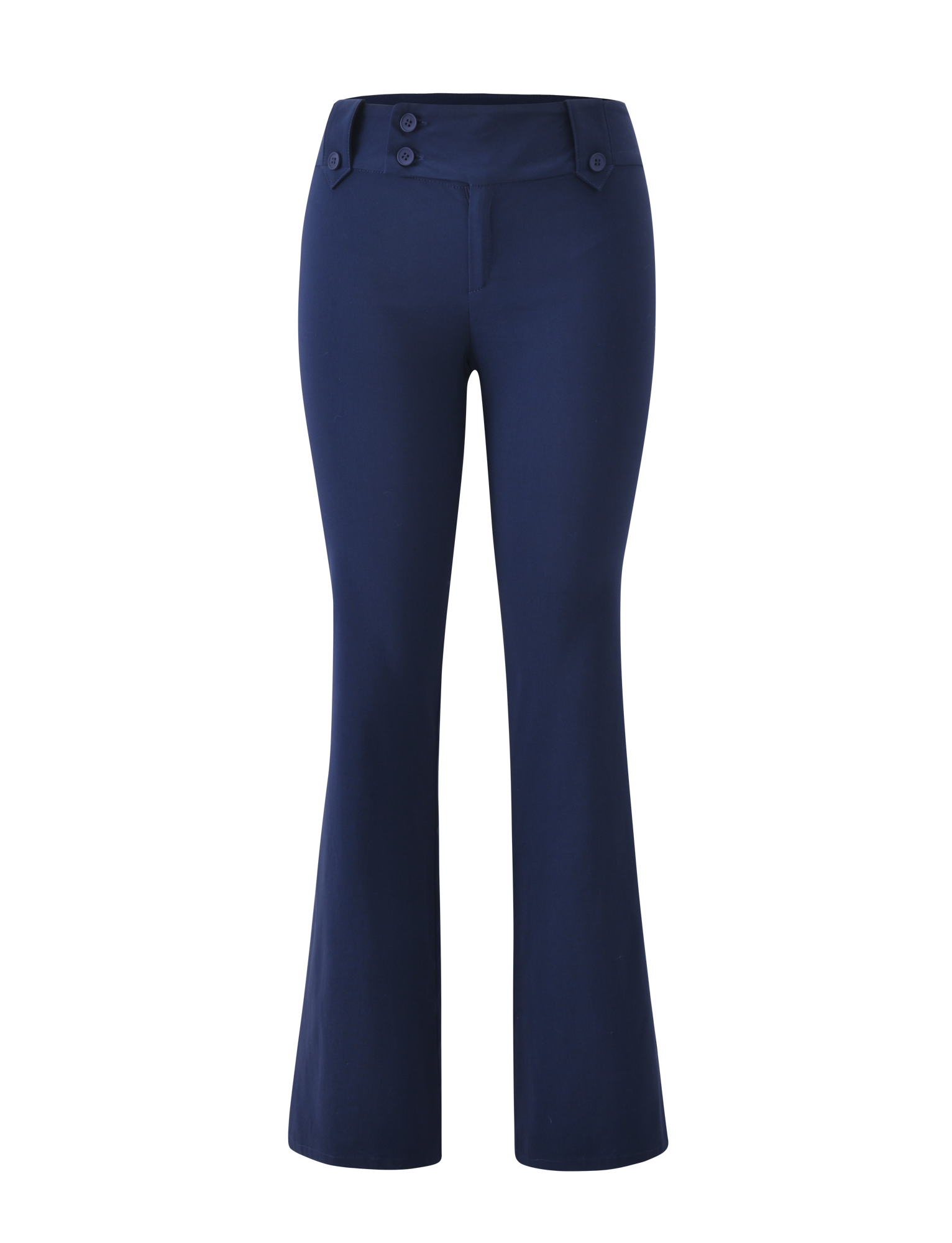 The TIGERMIST KITTIE PANT - NAVY for women, made from stretch suiting fabric, features a high waist, flared leg, two front buttons, and a sleek front seam, showcased on a plain white background.