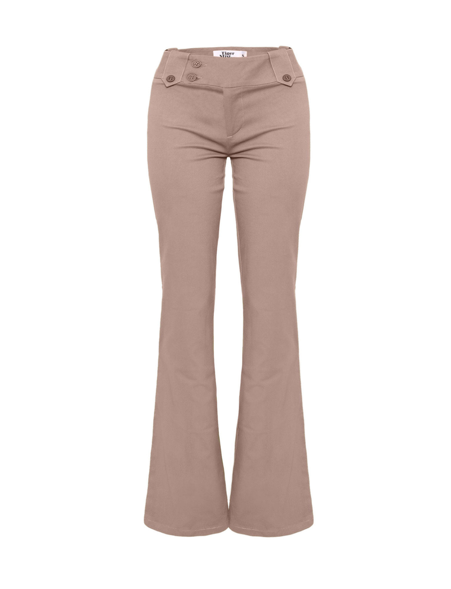 The TIGERMIST KITTIE PANT - TAUPE features a low-mid rise waist, flared leg, buttoned waistband, and front pockets, shown on a plain white background.