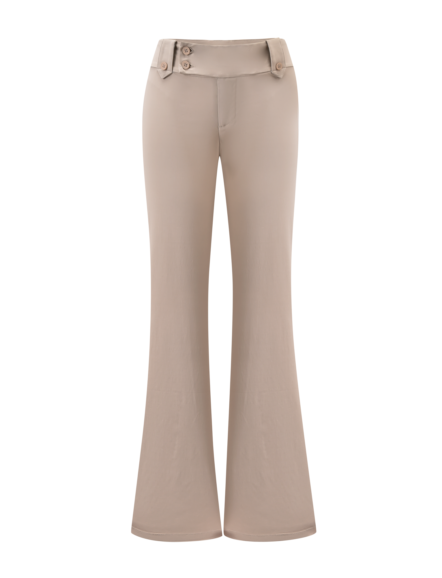 The KITTIE PANT - SAND by TIGERMIST features a high-waisted, wide-leg silhouette with flared hem in stretch suiting fabric. Includes front button and zip closure plus belt loops. Shown on a white background.