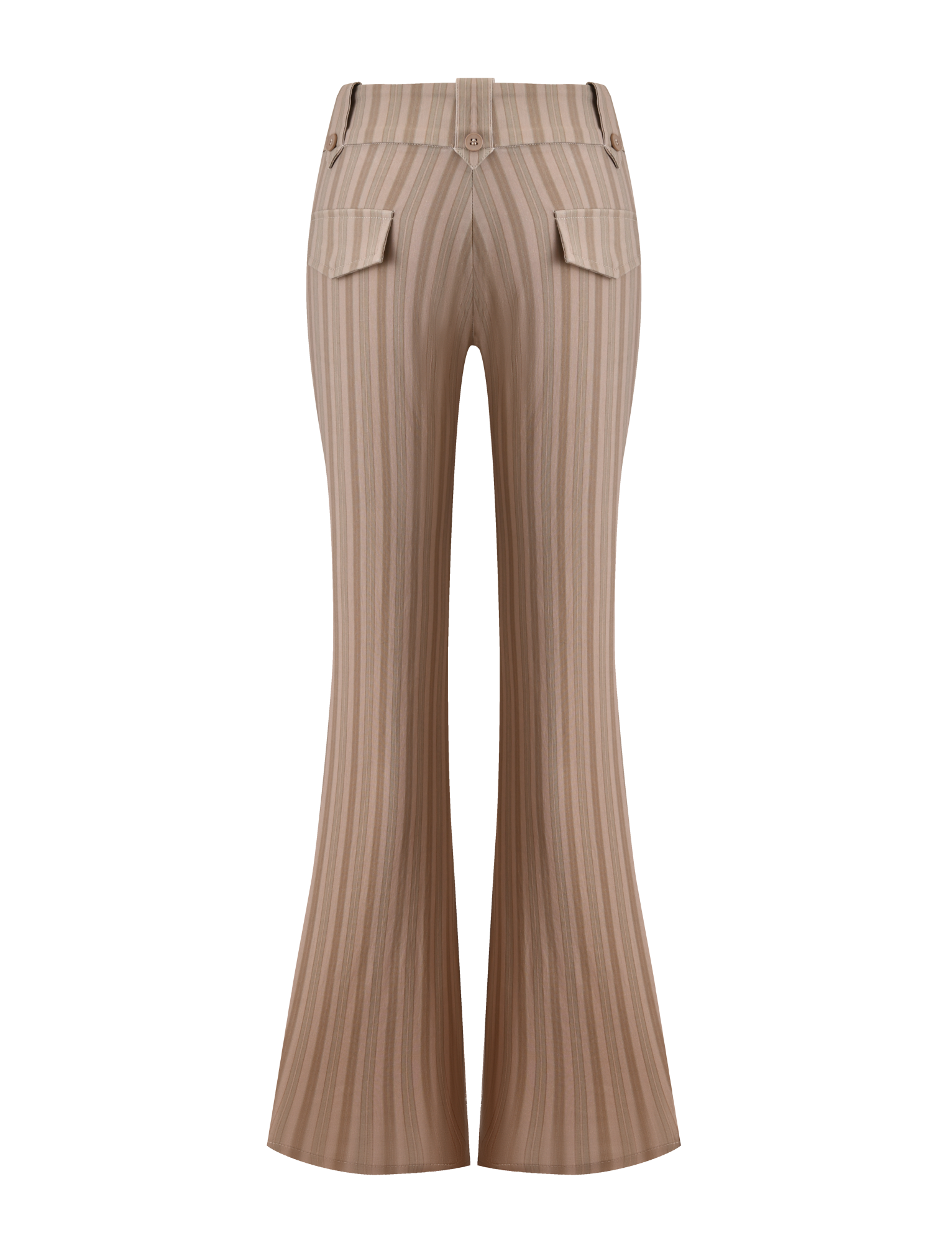 The KITTIE PANT - TAUPE STRIPE by TIGERMIST features a tan, high-waisted, flared silhouette in stretch suiting fabric with vertical stripes, back button closure, and two flap pockets, shown on a white background.