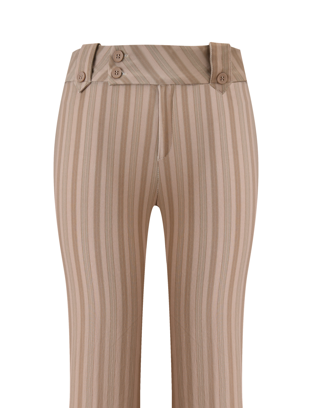 The TIGERMIST KITTIE PANT - TAUPE STRIPE features a high-waisted silhouette in beige stretch suiting with taupe stripes and a wide waistband detailed with three front buttons.