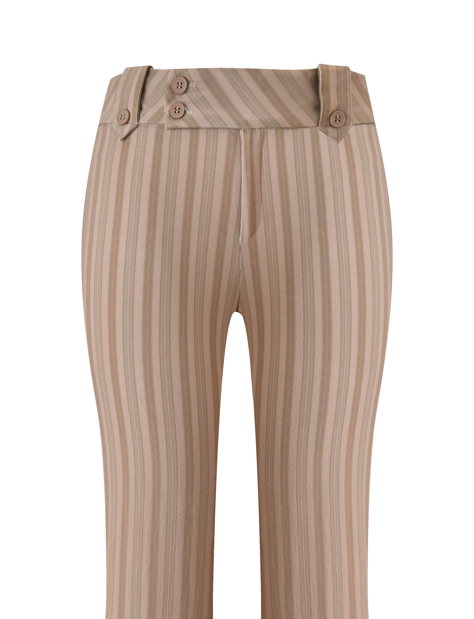 The TIGERMIST KITTIE PANT - TAUPE STRIPE features a high-waisted silhouette in beige stretch suiting with taupe stripes and a wide waistband detailed with three front buttons.