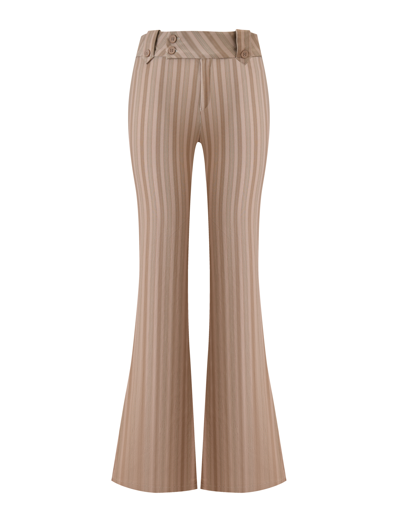 The KITTIE PANT - TAUPE STRIPE by TIGERMIST features beige high-waisted flared pants with taupe stripes, a wide waistband, and two decorative buttons, crafted from stretch suiting fabric and shown on a white background.