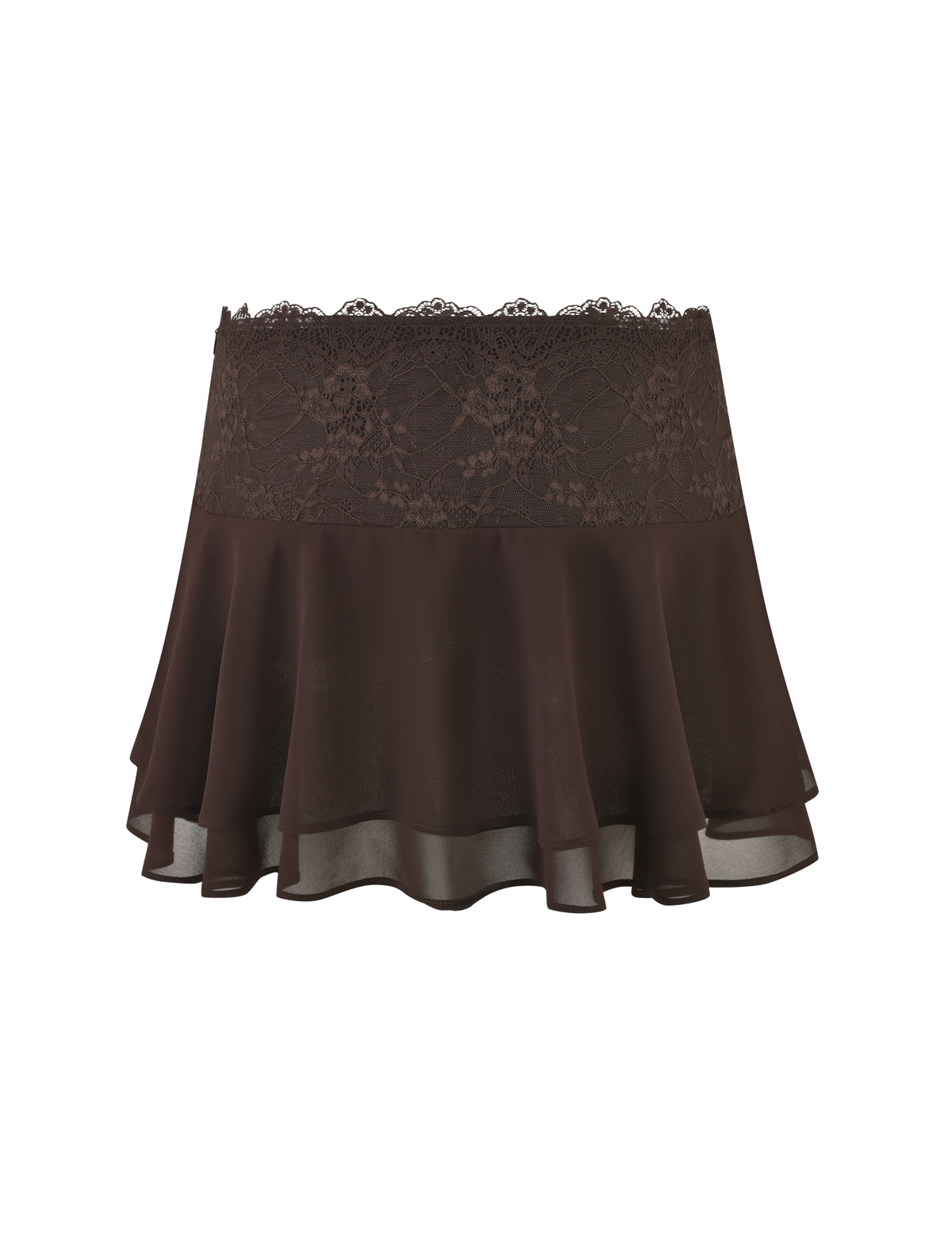 The INDIGO MINI SKIRT - BROWN : CHOCOLATE by TIGERMIST is a brown sheer chiffon mini skirt with a wide lace waistband and layered ruffled hem, shown on a white background.