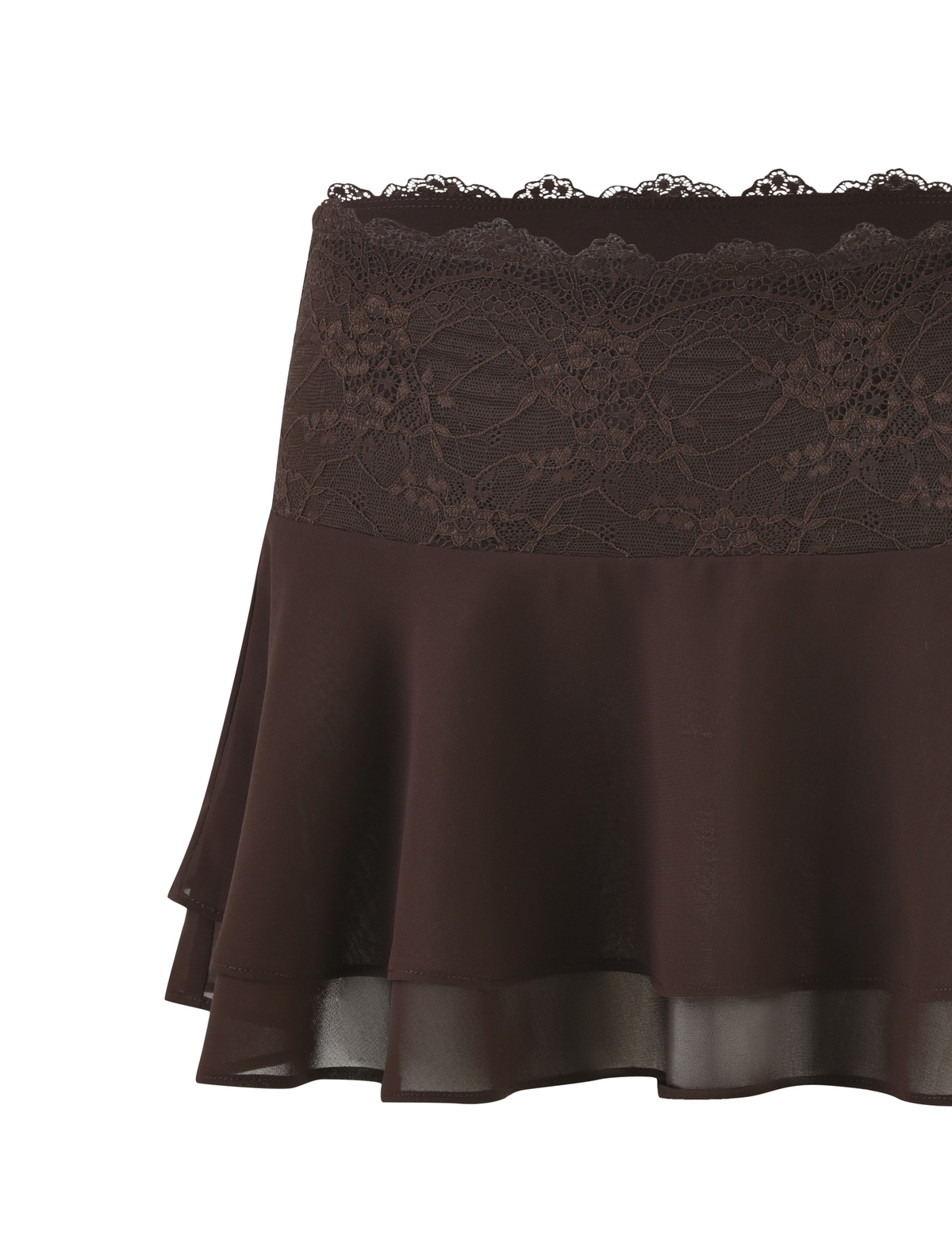 The TIGERMIST INDIGO MINI SKIRT - BROWN: CHOCOLATE is a tiered chiffon mini skirt with a wide lace waistband and flowy sheer hemline.