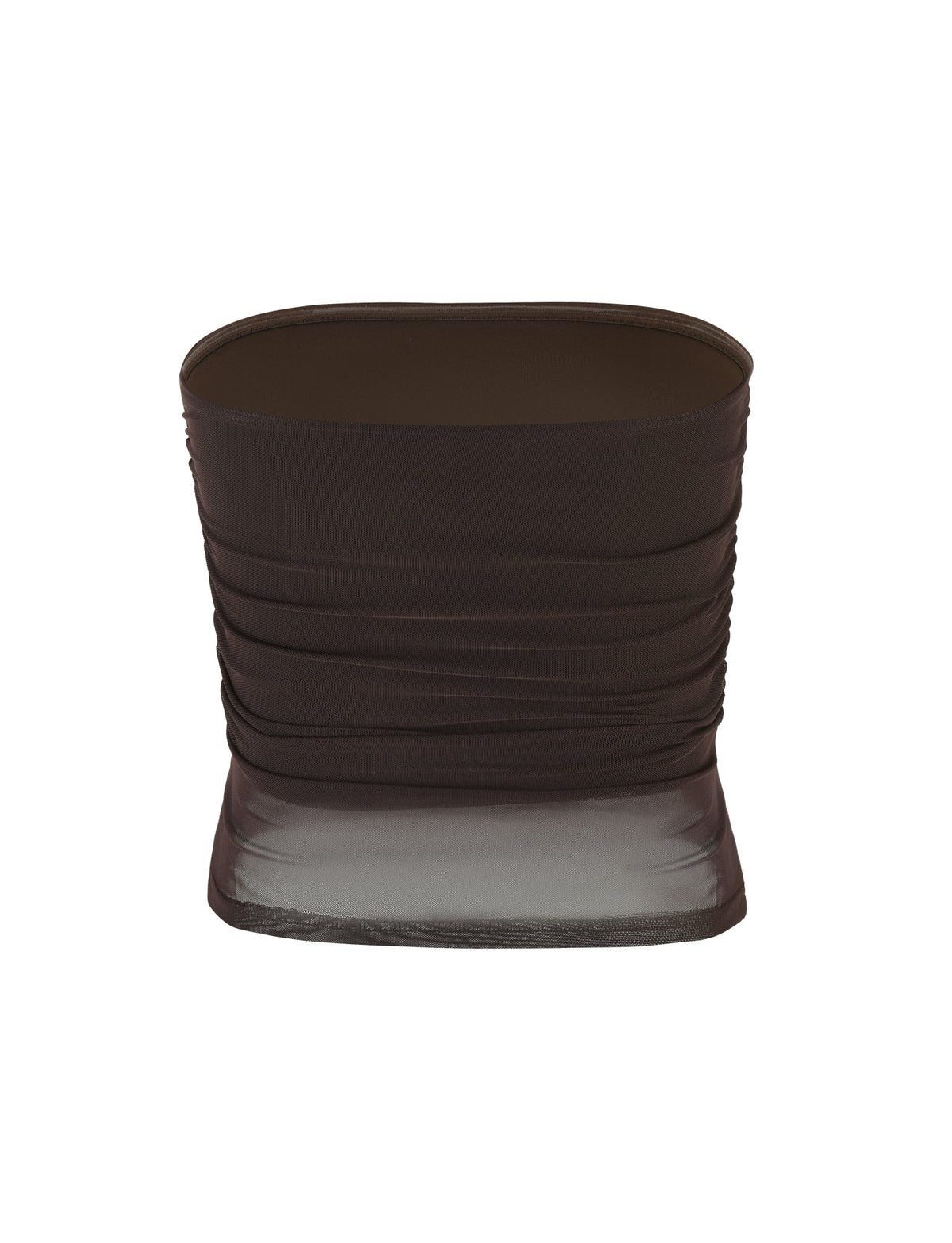 The TIGERMIST HARRIETT TUBE TOP - BROWN : CHOCOLATE is a strapless, dark brown sheer mesh top with ruched detailing and a bodycon fit, shown against a plain white background.