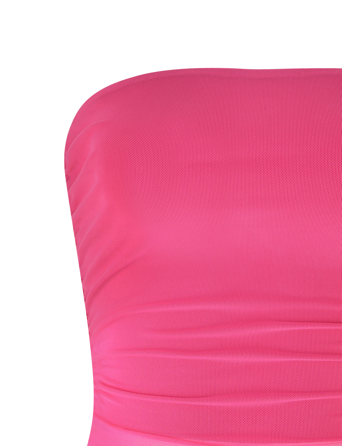 Close-up of the TIGERMIST HARRIETT TUBE TOP - PINK, a strapless, bright pink ruched bodycon dress, highlighting the upper chest and torso against a plain white background.