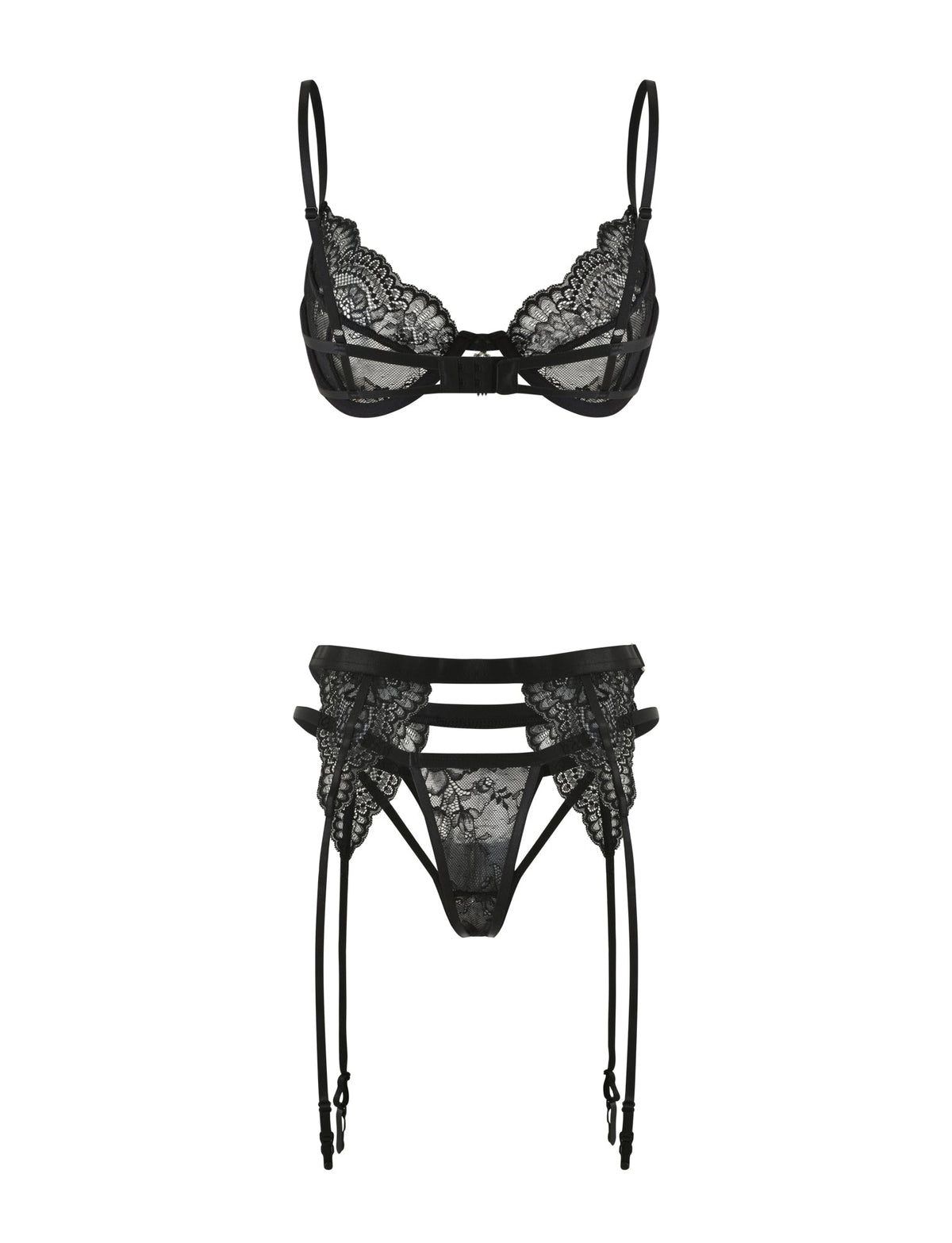 The JORDAN SET - BLACK by TIGERMIST features a black lace underwire bra with floral detailing and a garter belt with thigh straps, elegantly displayed against a white background.