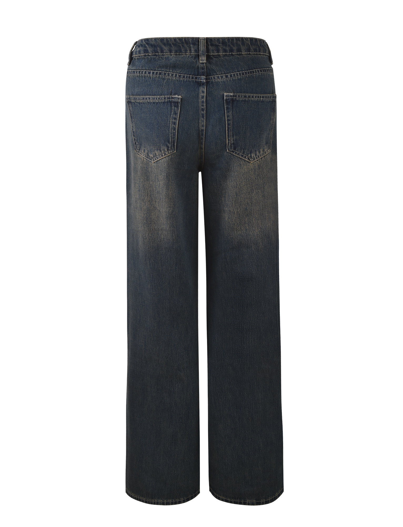 Back view of the FELIX JEAN - BLUE : MID WASH by TIGERMIST, featuring wide-leg, dark blue denim with two back pockets and subtle faded details, shown against a white background.