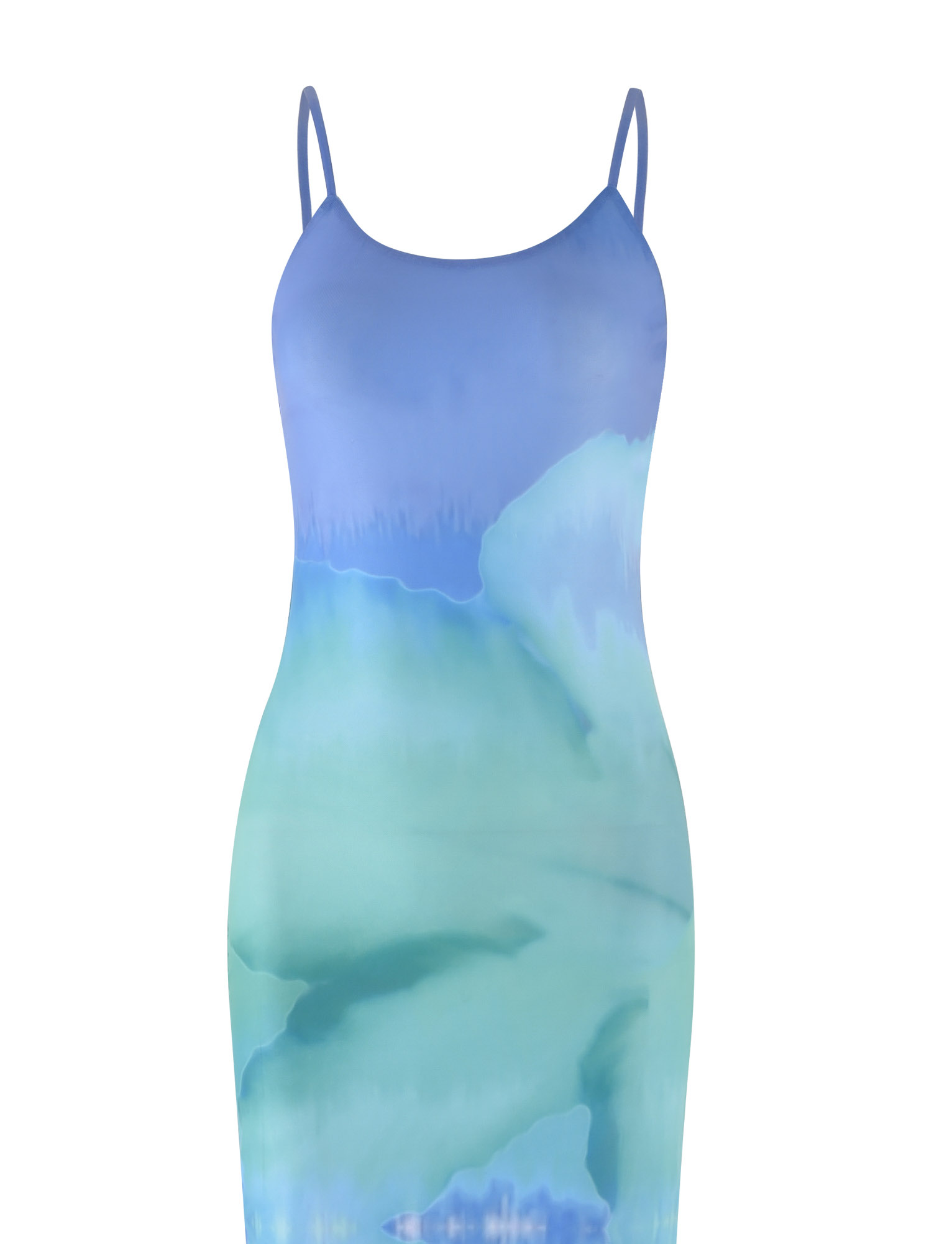 The ARDON MAXI DRESS by TIGERMIST is a sleeveless, fitted blue mesh dress with thin straps, featuring an exclusive Macro Floral Blue Hibiscus print and a soft gradient effect.