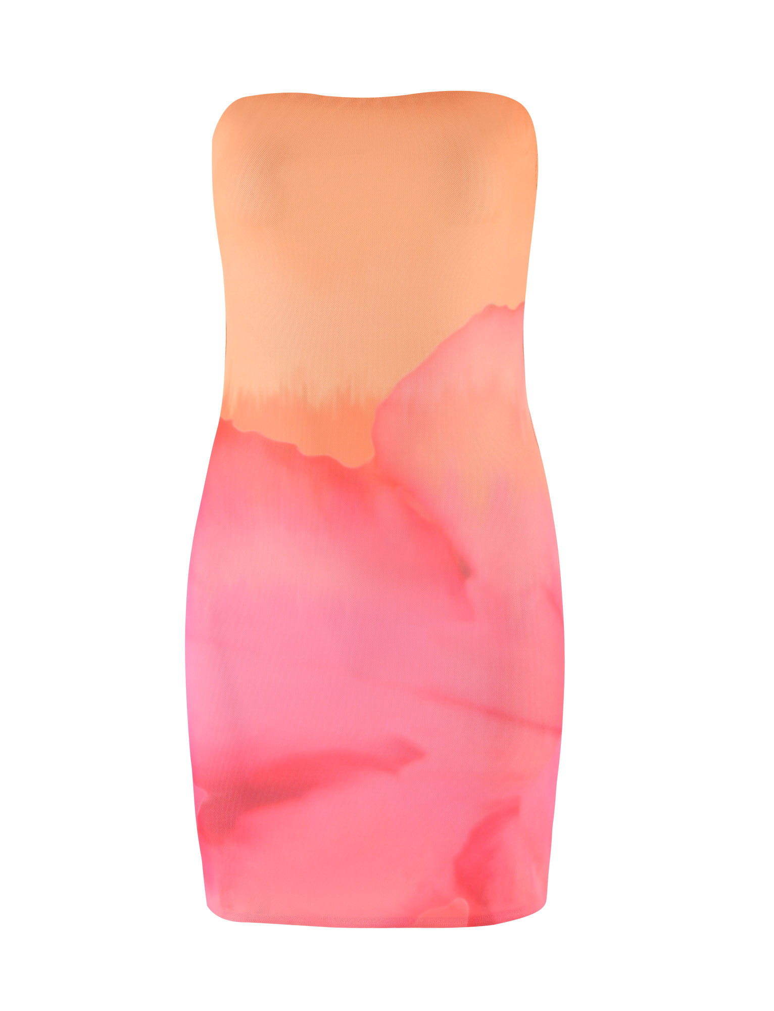 The TIGERMIST CHER MINI DRESS features a strapless, bodycon fit and an exclusive macro floral pink hibiscus print with a peach to vibrant pink gradient, evoking artistic watercolor blending.